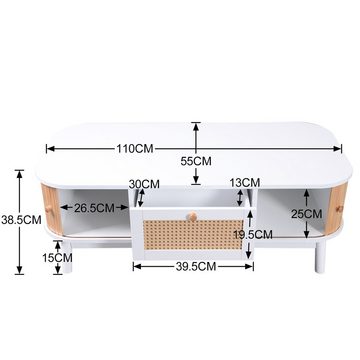 IDEASY Couchtisch Couchtisch aus Rattan, ovaler Aufbewahrungsschrank mit Schubladen, und Schiebetüren, Beine aus Massivholz