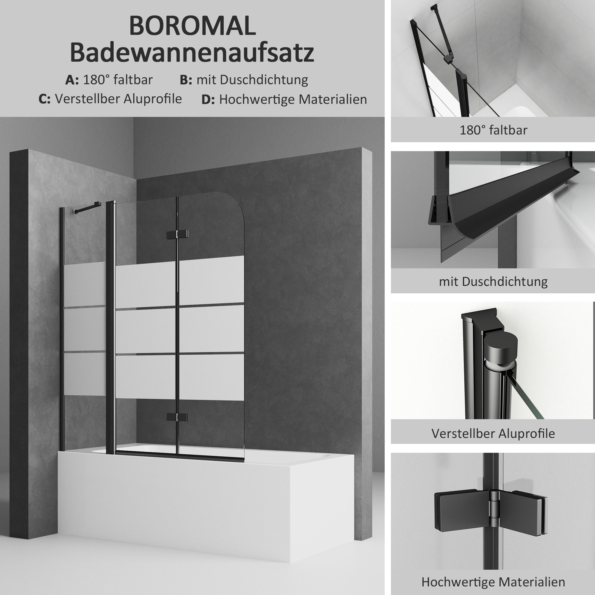 Boromal Badewannenaufsatz 3 teilig Faltwand Duschwand für Badewanne faltbar Badewannenfaltwand, Schwarz Chrom Milchglas Aluprofile, (Badewannenaufsatz Schwarz Weiß Chrom Milchglas, 120x140, 130x140, 140x140, 150x140, 160x140cm), Sicherheitsglas