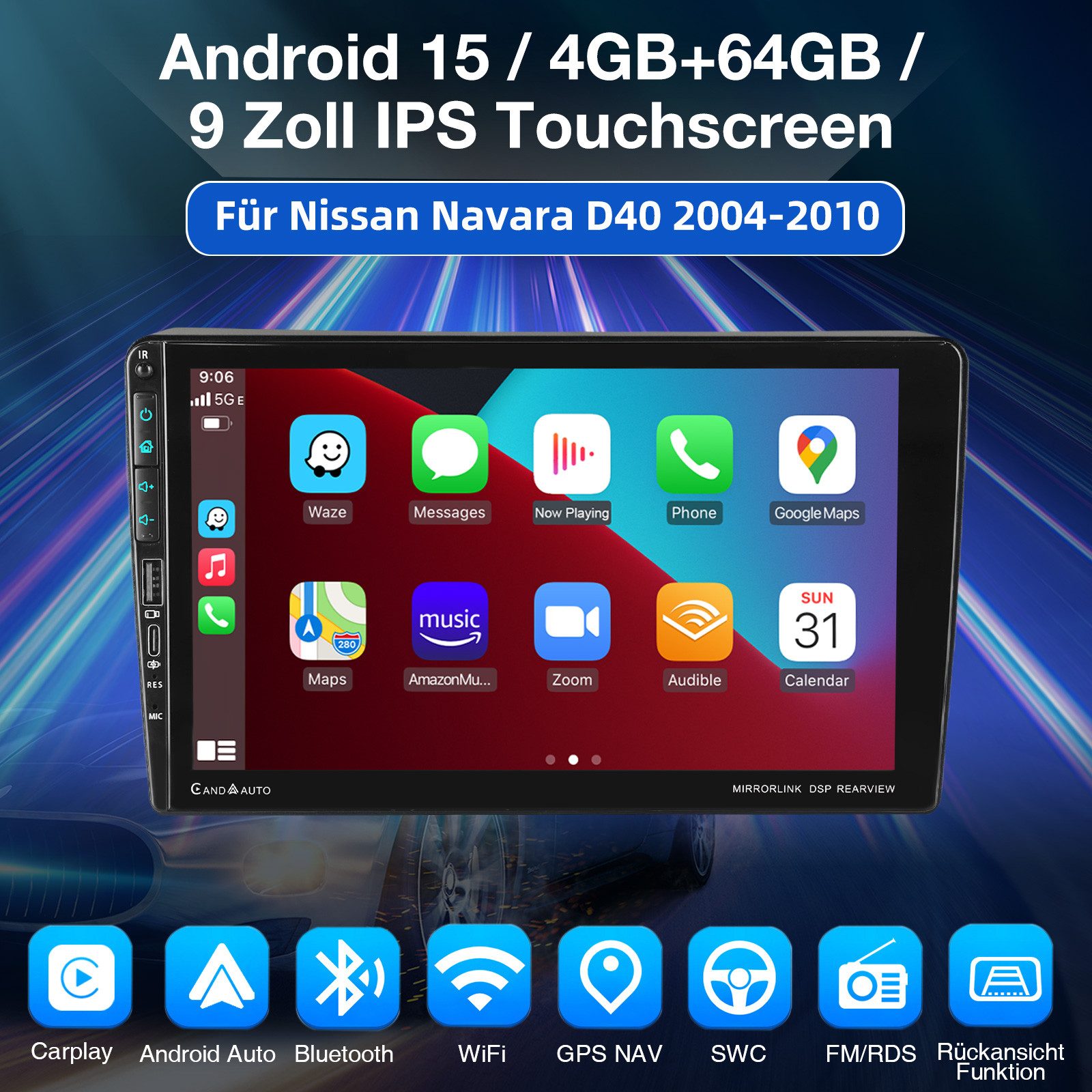 ESSGOO Android 15 4+64G Für Nissan Navara D40 2006-12 Autoradio WIFI GPS Navi Autoradio (DAB+ (optional), DAB (optional), 4+64GB(optional), RDS, AM, FM, Carplay Android Auto Bluetooth EQ USB GPS Navi WIFI Touchscreen)