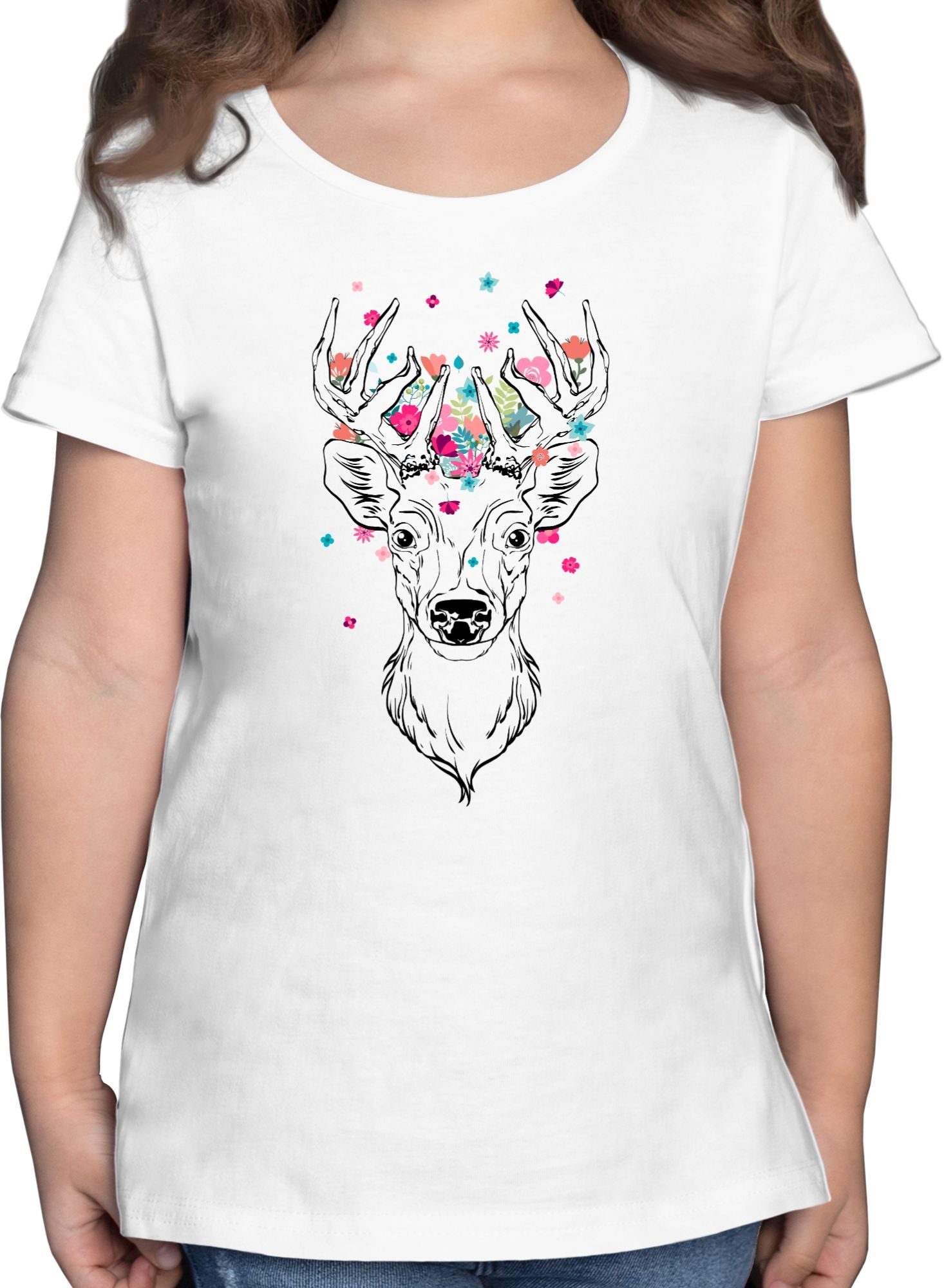 Shirtracer T-Shirt Hirsch mit kleinen Blumen - schwarz Mode für Oktoberfest Kinder Outfit