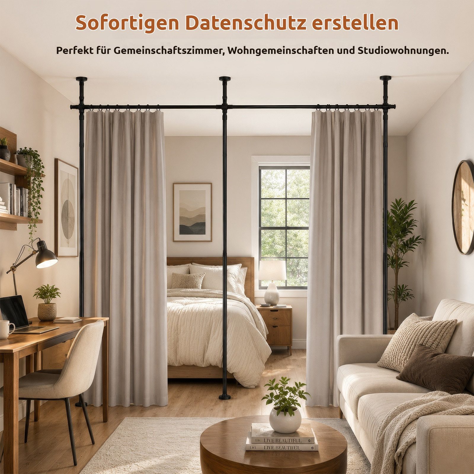 BlingBin Raumteiler Bohrfreier Raumteiler Spannstange, verstellbares Raumtrenn‑Spannsystem, 3‑vertikal 2‑horizontal, ohne Vorhang,Höhe 110‑300 cm,Breite 183‑508 – Bild 3 von 5