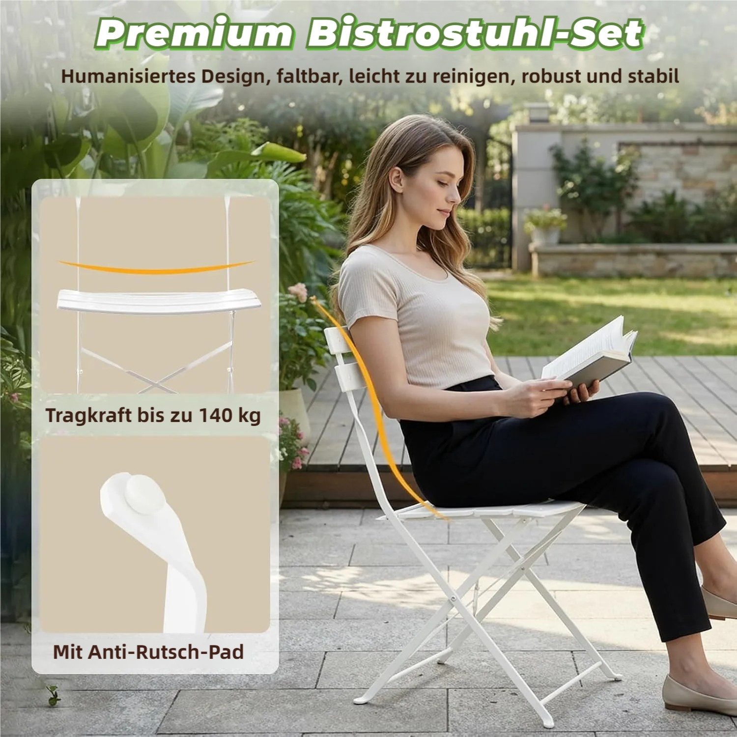 TLGREEN Balkonset Gartenmöbel Bistro Set Metall, (UV-Beständig & Rostfrei, Wetterfest, Balkonmöbel Klappbar für Balkon, Terrasse, Café, Garten), Outdoor Sitzgarnitur, 2 Klappstuhl 1 Klapptisch
