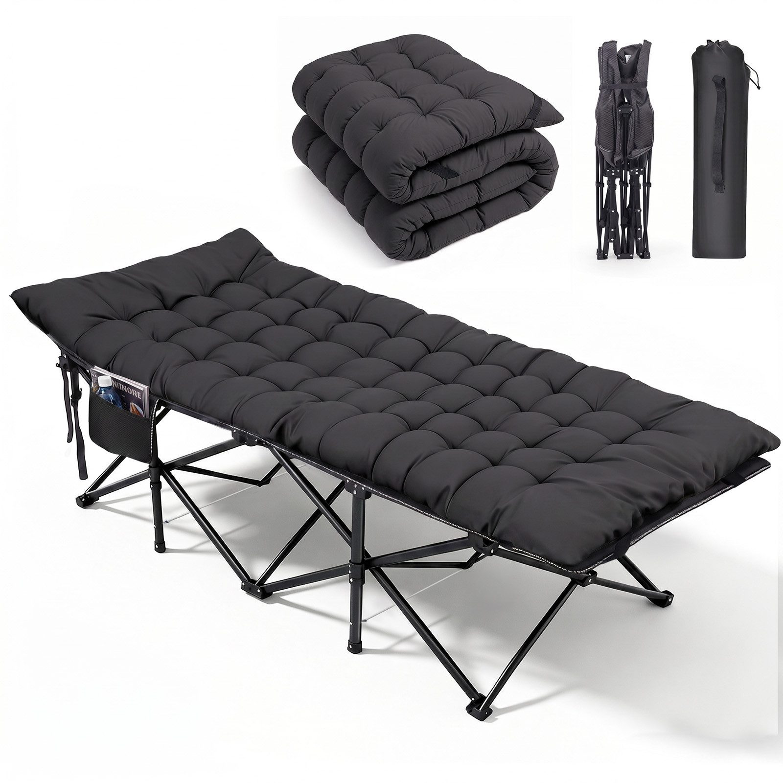 Sekey Klappbett 202 x 80 cm Extra Breit Feldbett XXL Campingbett Klappbar mit Matratze Faltbares Klappbett mit Seitentasche, 600D Oxford-Gewebe, bis 200 kg