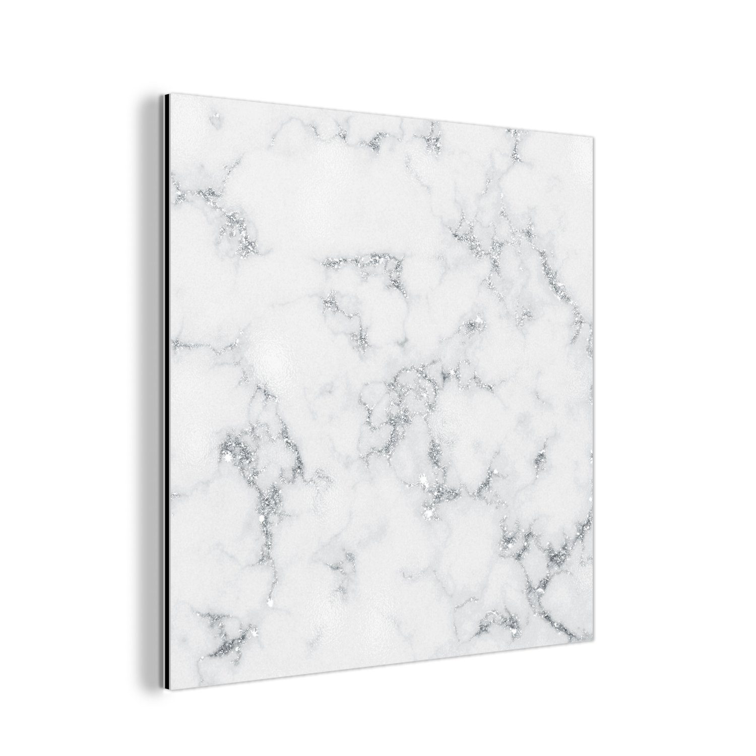 MuchoWow Metallbild Marmor - Weiß - Silber - Glitter - Marmoroptik - Chic, Inkl. Aufhängung, Alu-Dibond-Druck, Wandbild aus Metall, Aluminium deko, 20x20 cm
