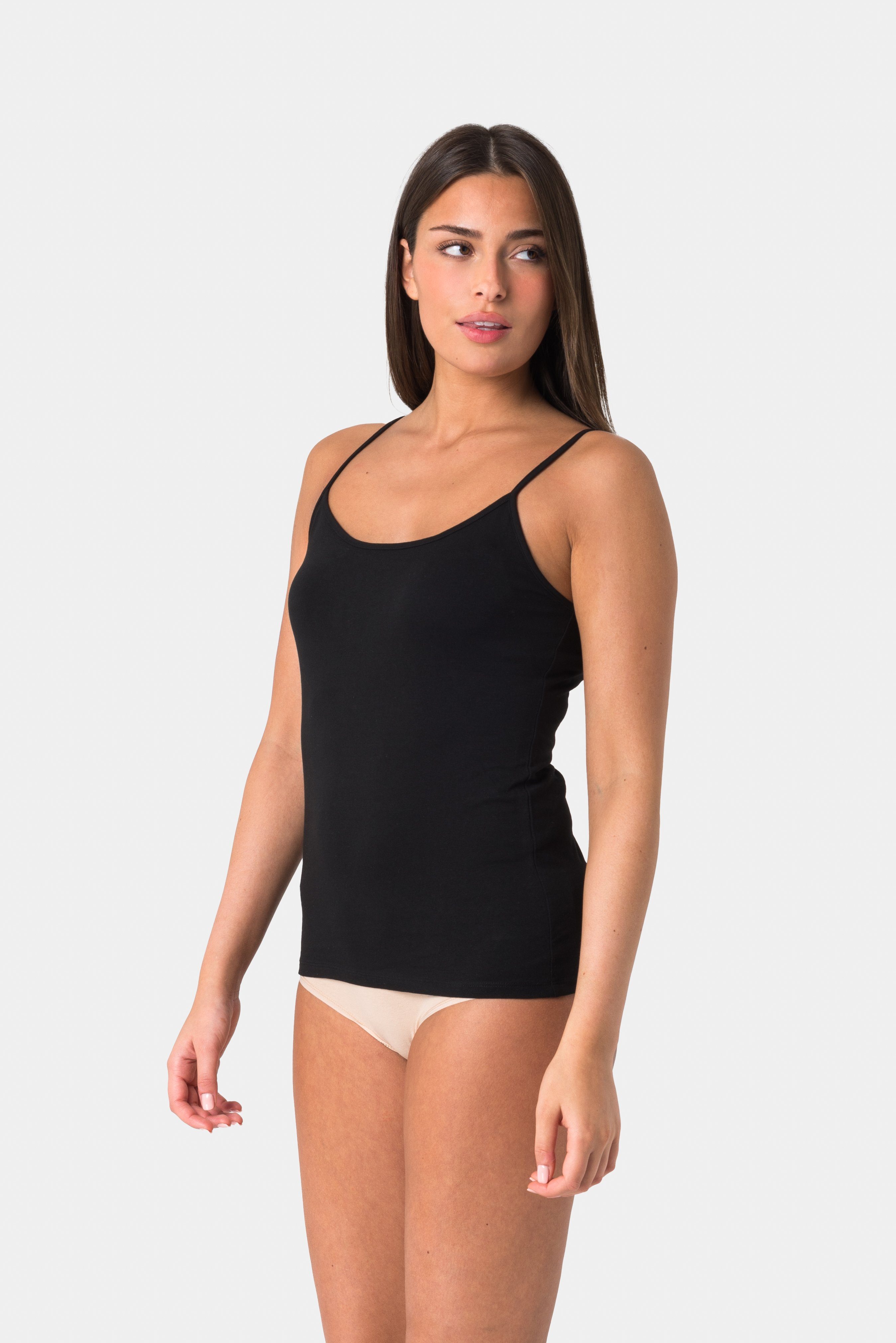 Stretch Elsie 3er-Pack) Tanktop aus Verstellbarem 95% 3-St., Spaghetti Baumwolle Damen Träger Schwarz Unterhemd Top mit Tank Top (Packung,