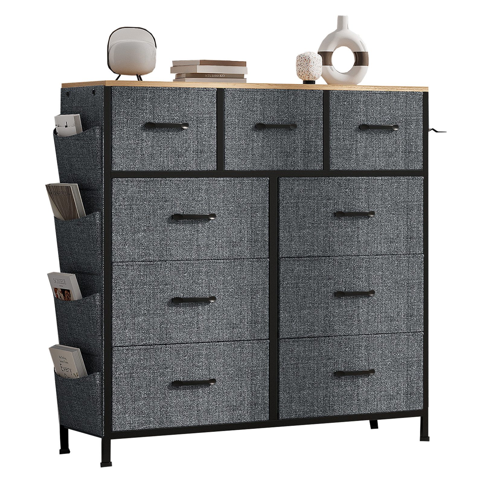 FUROKOY Kommode Stauraumschrank,Schrank Schlafzimmer,Metallrahmen,Retro Stil, Grau Vliesstoff,9 Schubladen
