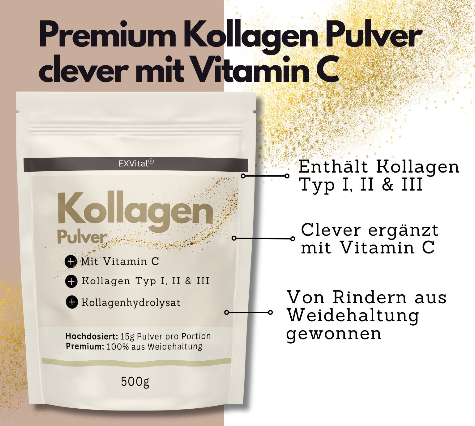 Kollagen Pulver mit Vitamin C (500g), 100% natürlich, ohne Zucker Pulver, 500 g, Ohne Zucker