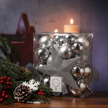 MARELIDA Weihnachtsbaumkugel Weihnachtskugeln mit Stern Baumspitze bruchfest silber 33er Set (33 St)