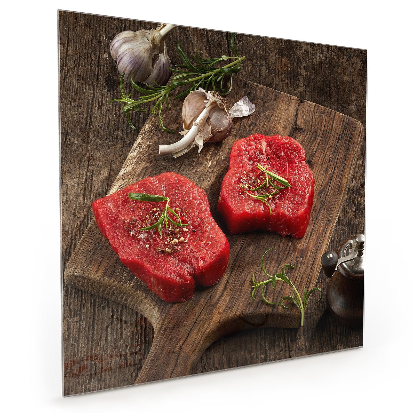 Primedeco Küchenrückwand Küchenrückwand Spritzschutz Glas mit Motiv Rohe Steaks