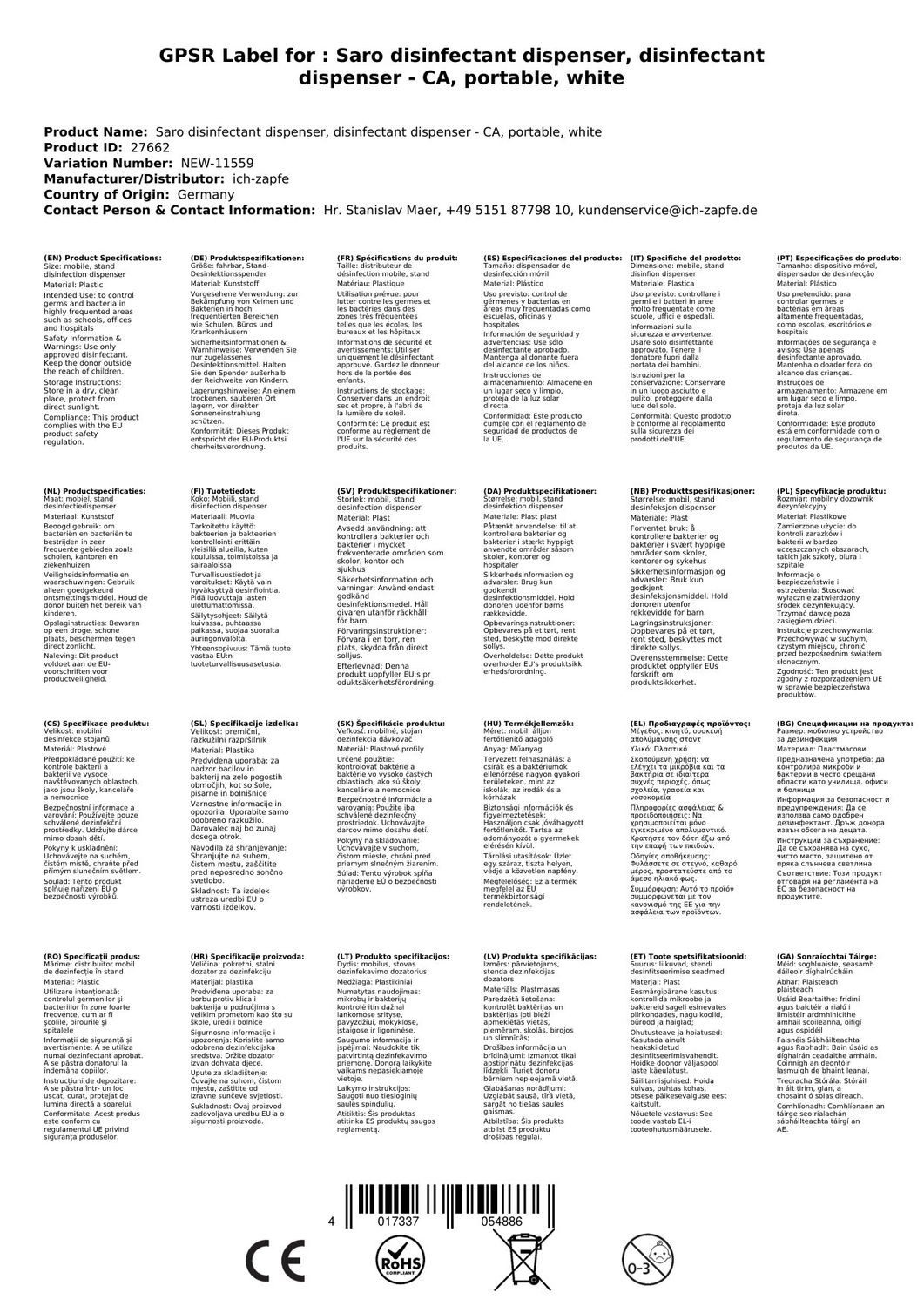 Saro Desinfektionsmittelspender Desinfektionsspender, Desinfektionsmittelspender - CA, Fahrbarer, weiß