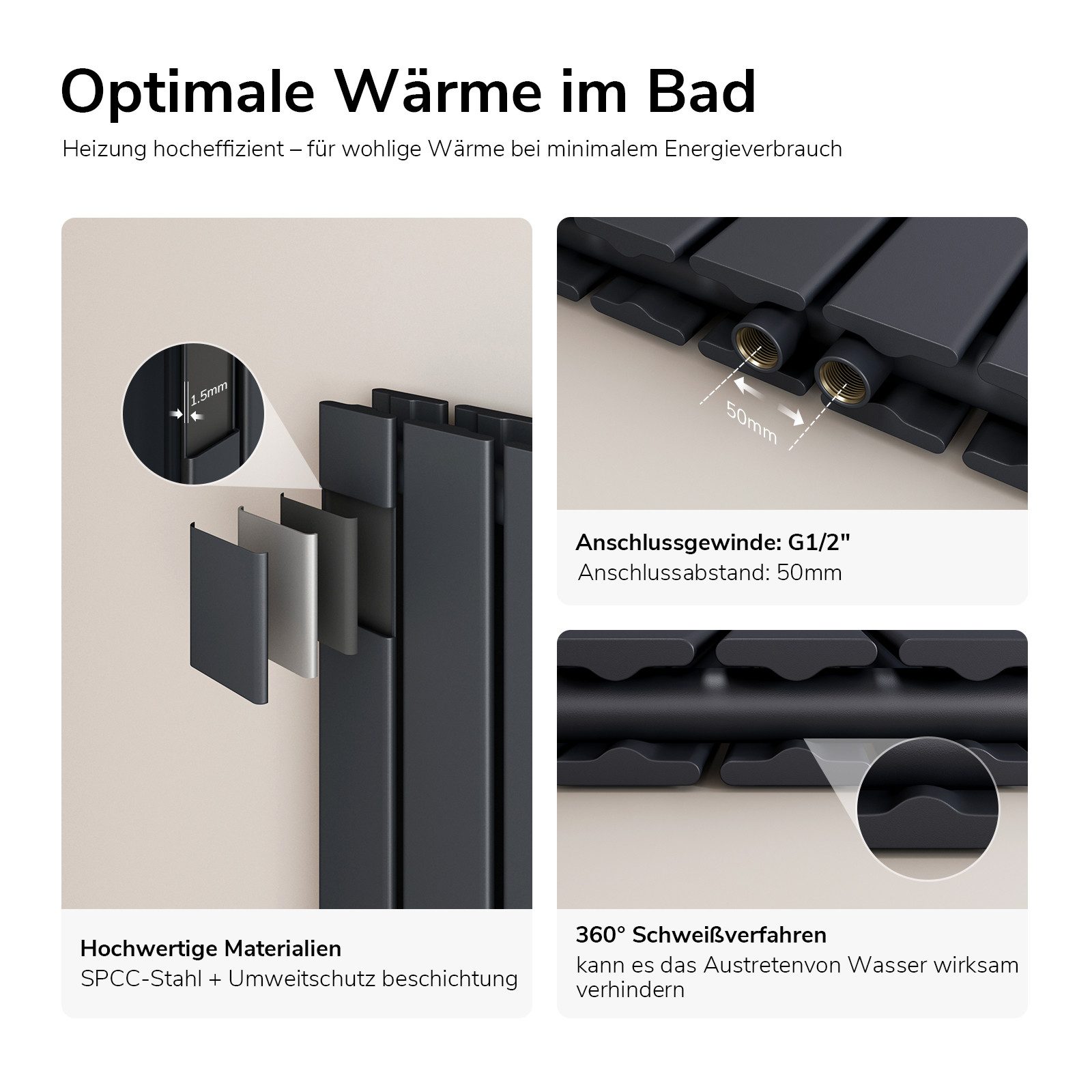 EMKE Heizkörper Flach Vertikal Doppellagig Design Paneelheizkörper Höhe: 160/180cm, 2166W für 20qm Raum Mittelanschluss Anthrazit – Bild 3 von 5