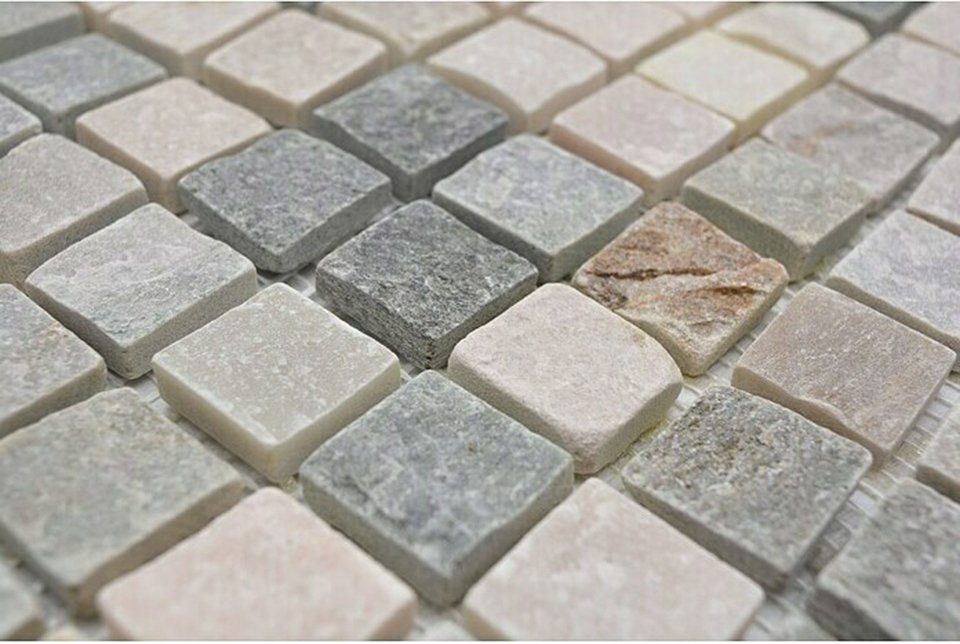 Mosani Mosaikfliesen Quarzit Naturstein Mosaik Fliese Boden Wand grau Dusche beige