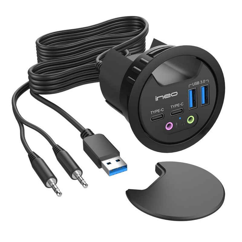 GRAUGEAR THC06VI In Desk Hub USB-Adapter, USB 3.0 Tisch Hub, Kabeldurchführung, mit Staubschutz, schwarz