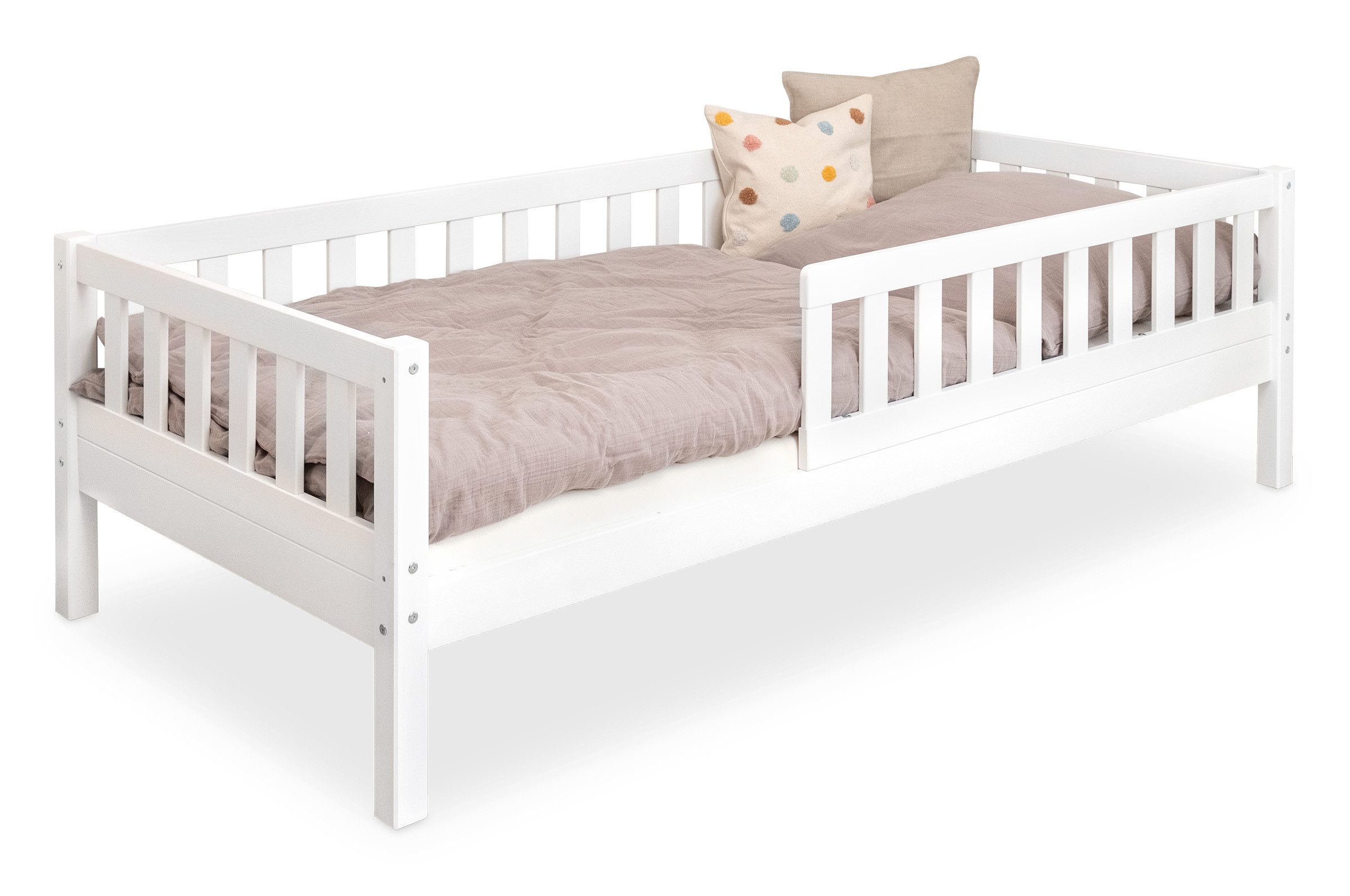Kinderbett mit Rausfallschutz aus massivem Kieferholz, Kinderbett 90x200 cm