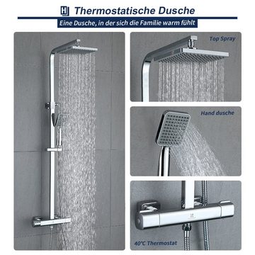 aihom Duschsystem mit Thermostat Regendusche eckig Duscharmatur Duschset Dusche, inkl. ABS Handbrause, Edelstahl Duschstange