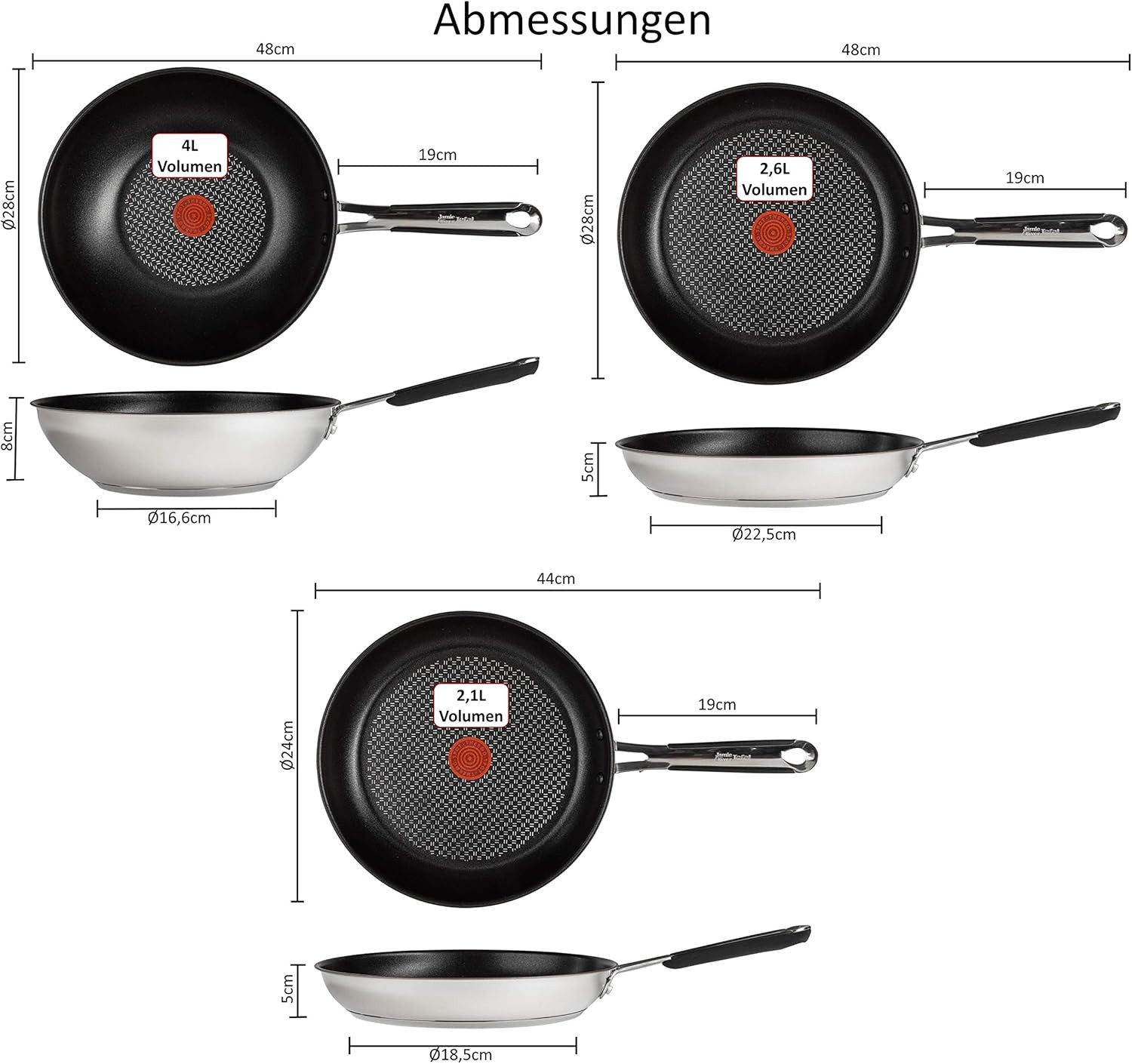 Tefal Pfannen-Set Jamie Oliver E76 Pfannenset 24,28cm + Wok 28cm + Deckel, Edelstahl 18/10 (Pfanne, Bratpfannen Set, Pfannenset, Wok, Wokpfanne, Pfannen + 1 Wender & Schoner Antihaftbeschichtet Pfannenset mit Deckel), Antihaftbeschichtet