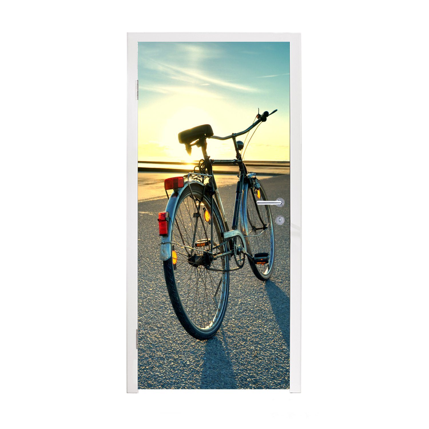 MuchoWow Türtapete Nordsee - Fahrrad - Sonnenuntergang, Matt, bedruckt, (1 St), Fototapete für Tür, Türaufkleber, 75x205 cm