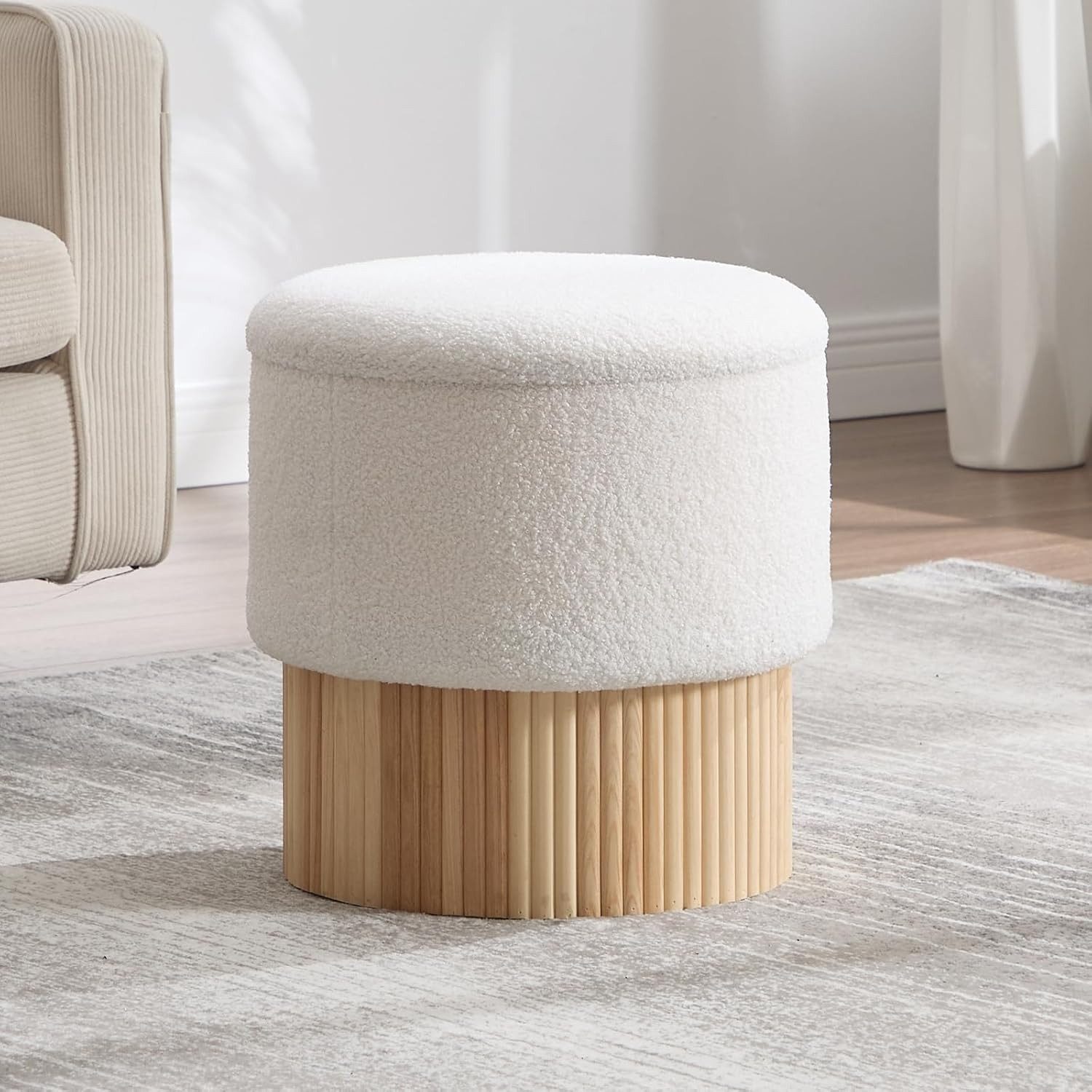 CHAIRUS Sitzhocker Rund aus Kunstfell mit Stauraum Holzbeine, Weiß (1 St), mit Stauraum