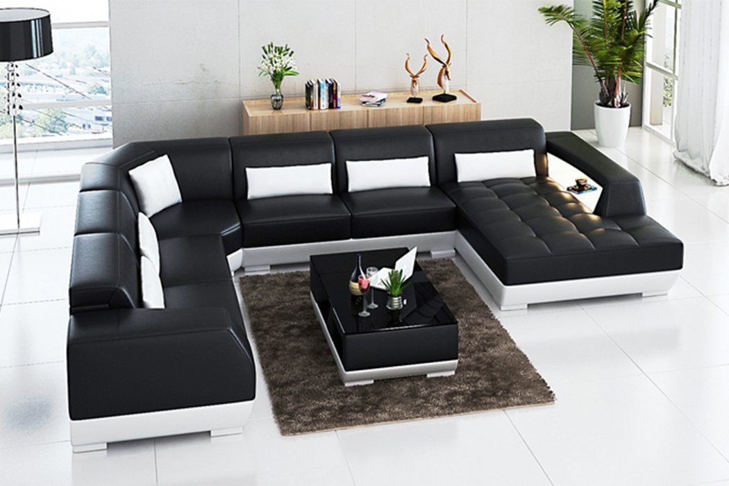 JVmoebel Ecksofa, Ledersofa +USB,Couch Wohnlandschaft Ecksofa Eck Garnitur Design Modern Schwarz