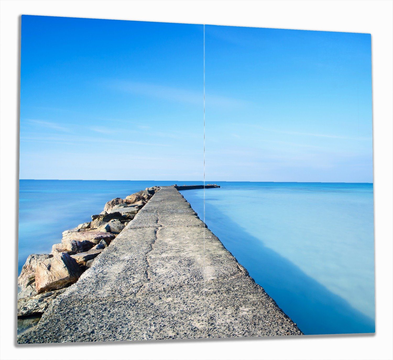Wallario Herd-Abdeckplatte Pier am blauen Ozean mit blauem Himmel, ESG-Sicherheitsglas, (Glasplatte, 2 tlg., inkl. 5mm Noppen), verschiedene Größen