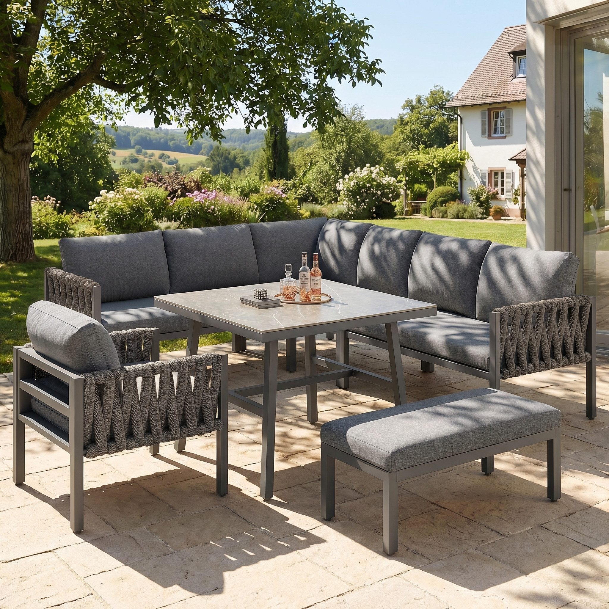 KLAM HOME Gartenlounge-Set Seilgartenmöbelset mit Ecksofa und verstellbare Beine für 7-8 Personen, (5-tlg., 1 4-Sitzer Sofa, 1 Ecksofa, 1 Sessel, 1 Couchtisch, 1 Fußbank), geeignet für Gärten, Schwimmbäder und Terrasse