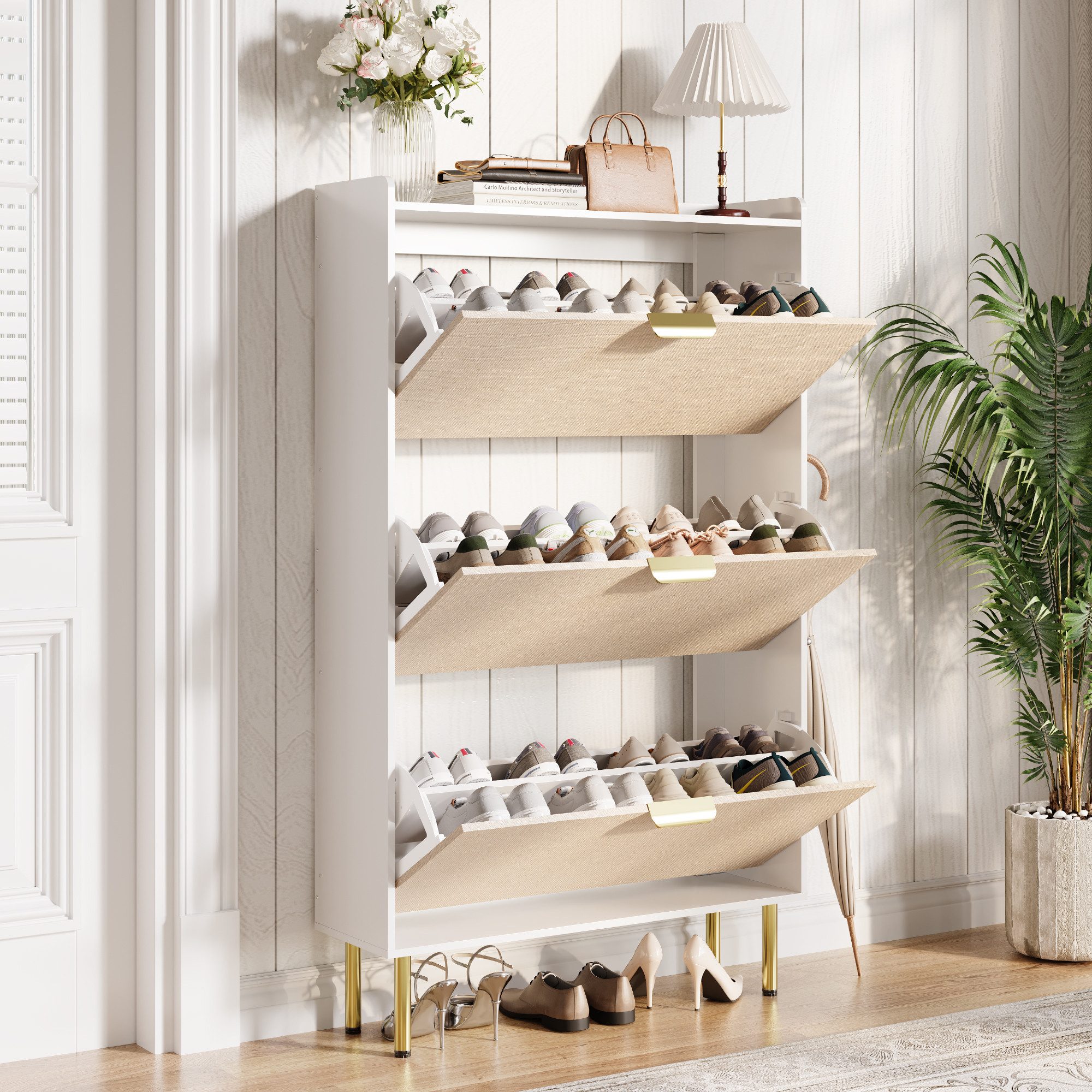 GarveeMore Schuhständer Schmaler Schuhschrank mit 3 Klappfächern, beige Textur, eige Textur & goldenen Metallbeinen, Kleiner Schuhschrank für Wohnung