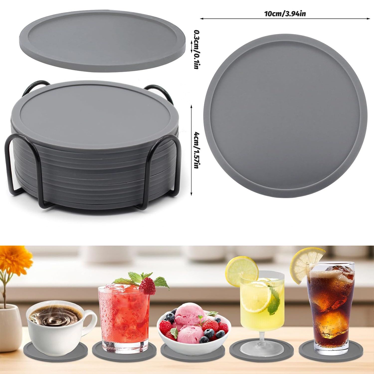 OKWISH Getränkeuntersetzer 12er Gläser Untersetzer Set Glasuntersetzer Tischuntersetzer Rund 10cm, Silikonuntersetzer mit Edelstahl Halter Durchmesser 10 cm aus – Bild 3 von 5