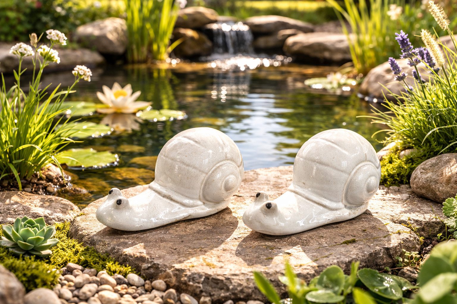 finehomegarden Dekofigur Schnecke Keramik 2erSet creme 15 x 8cm Wetterfeste Gartenfigur (Set, 2 St., 2tlg), Keramik Dekorative Schneckenfigur für Garten, Balkon & Wohnung