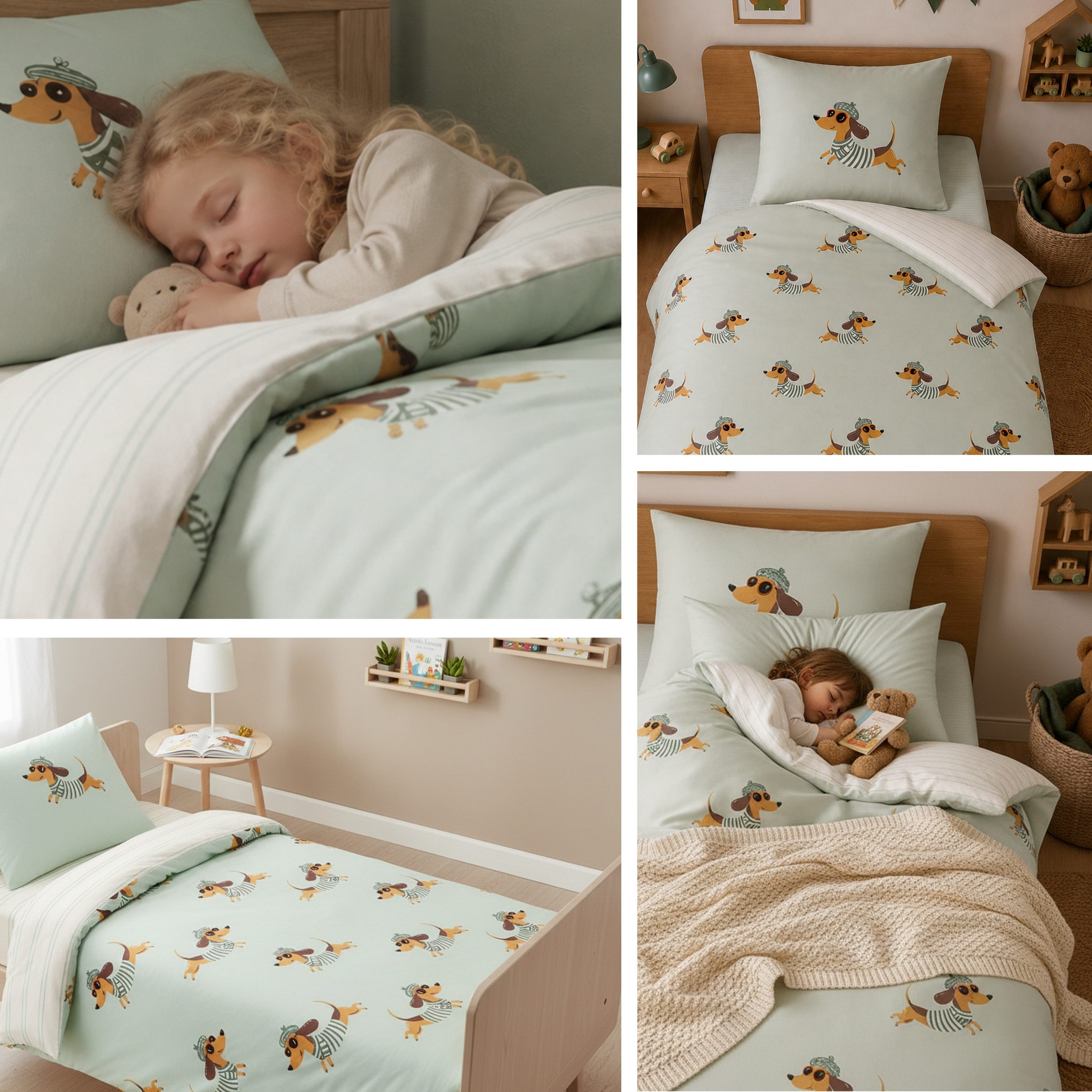 MTOnlinehandel Bettwäsche Dackel 135x200 + 80x80 cm, Baumwolle Renforcé, witziges Hundedesign, 100% Baumwolle, 2 teilig, Wende-Motiv in sanften Grüntönen – weich und pflegeleicht