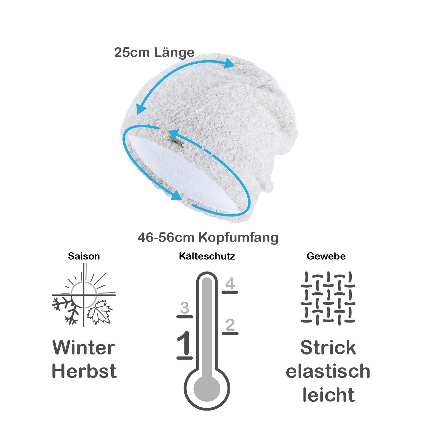 Damen Strickmütze Grobstrick Wintermütze Faera Fleecefutter Beanie creme gefüttert (1-St)