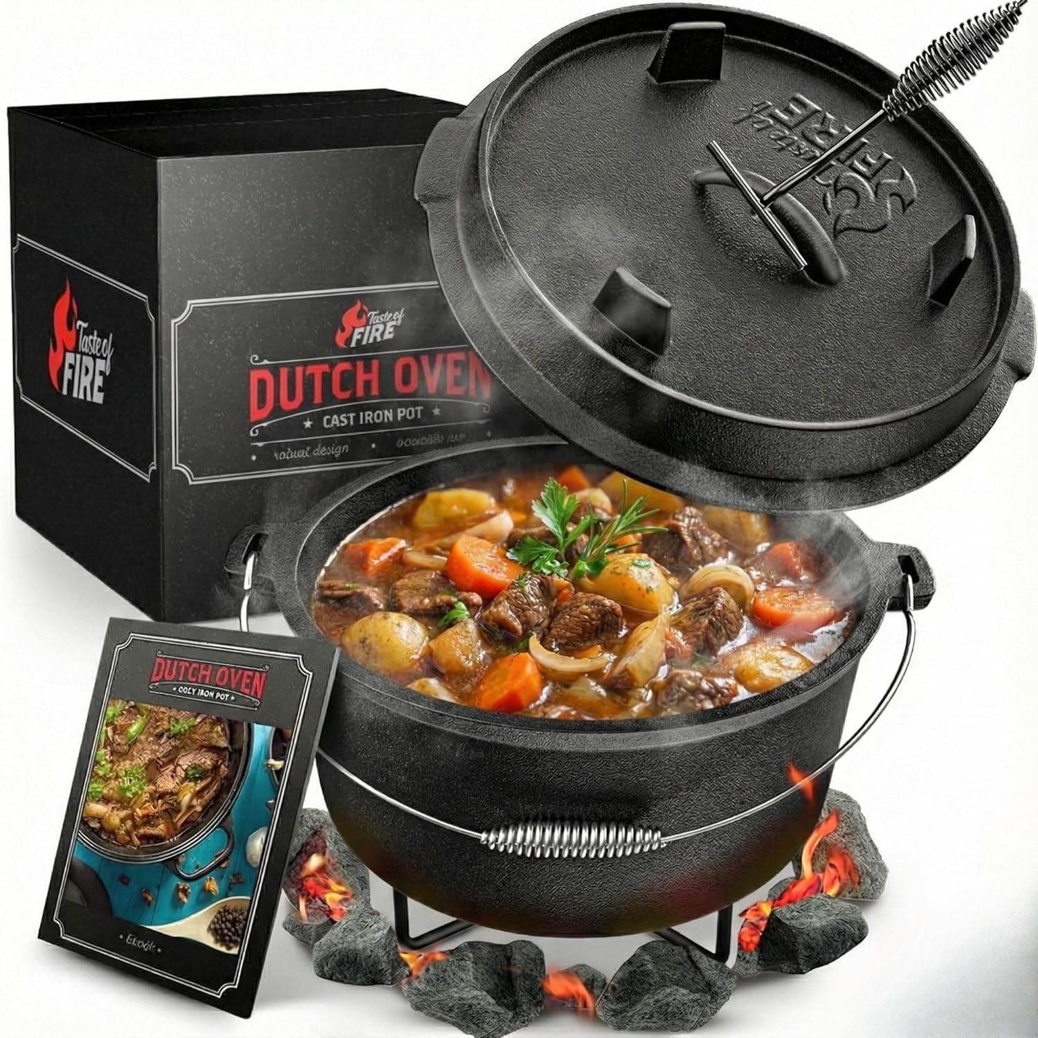 Taste of Fire Feuertopf BBQ Dutch Oven Feuertopf - Gusseisen Set 7L für Grill & Lagerfeuer, Gusseisen
