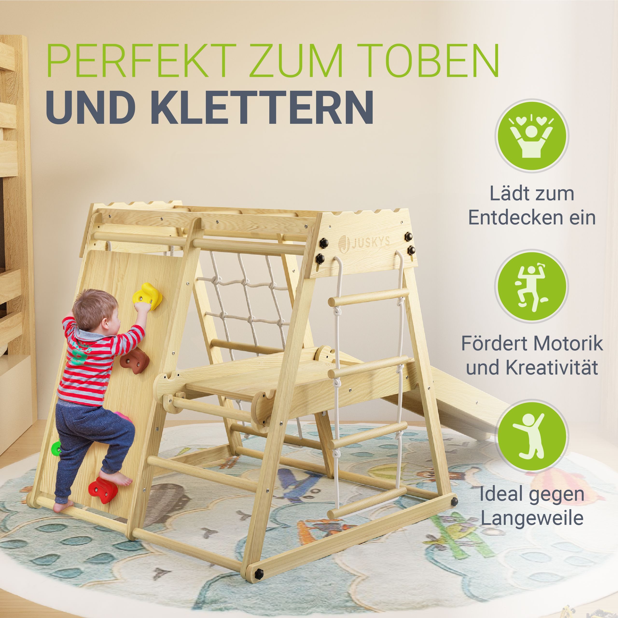 Juskys Klettergerüst Mini, für Kinder, Holz, Indoor Spielplatz klappbar, Rutsche & Kletterwand