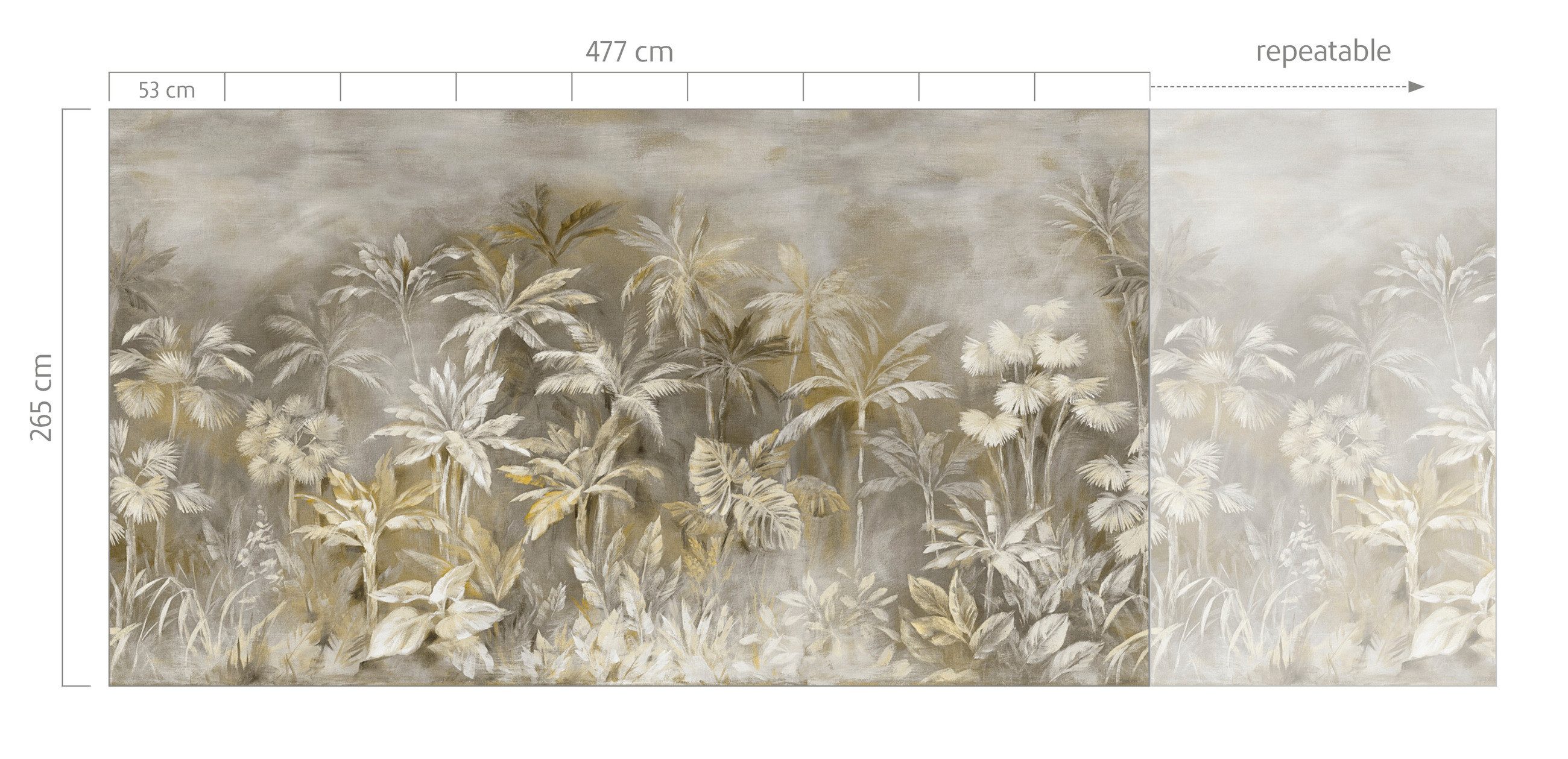 Rasch Fototapete Exotische Palmen & Dschungel - Vliestapete Beige Grau, floral, bedruckt, (1 Rolle, 1 St., 2,65 m x 4,77 m), Lichtbeständige Farben - Feucht abwischbar - Restlost abziehbar