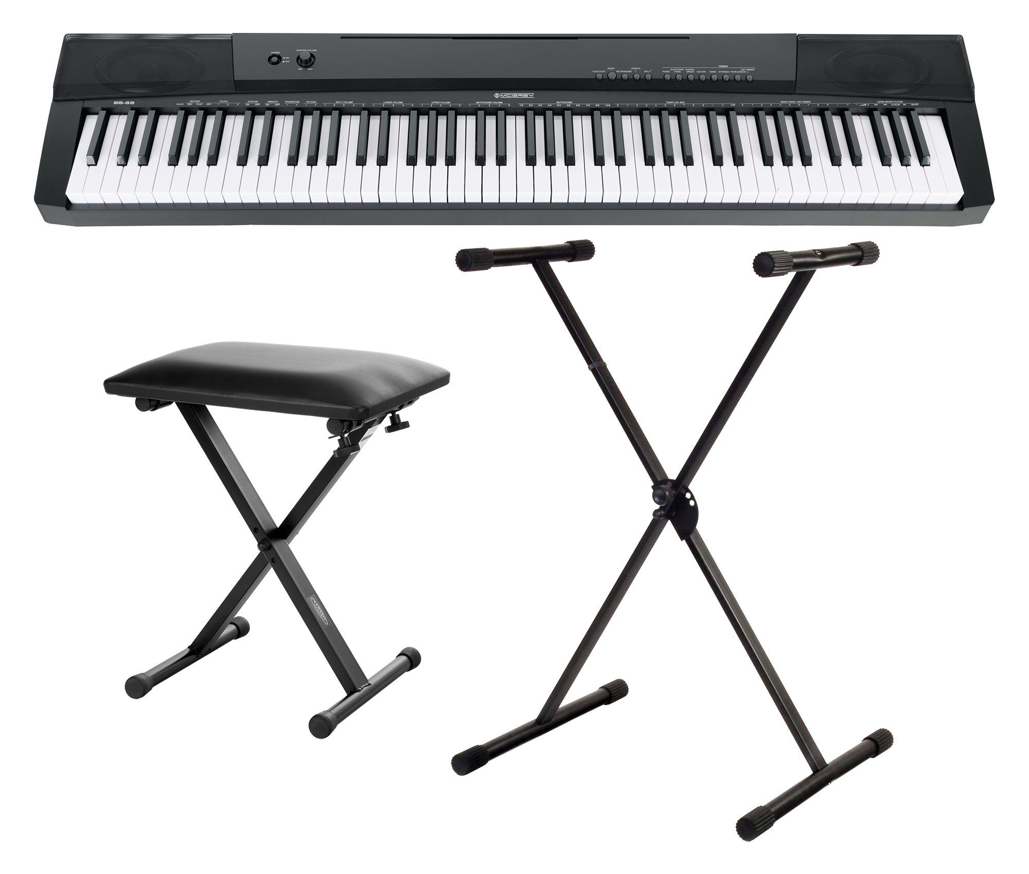 McGrey Home Keyboard BS-88 - 88 Tasten Einsteiger-Keyboard in Stagepiano-Optik, (Spar-Set, 3 tlg., inkl. Notenhalter, Sustain-Pedal, Ständer und Bank), 146 Sounds, USB to Host Aufnahme-, Split-, Dual- und Twinova-Funktion