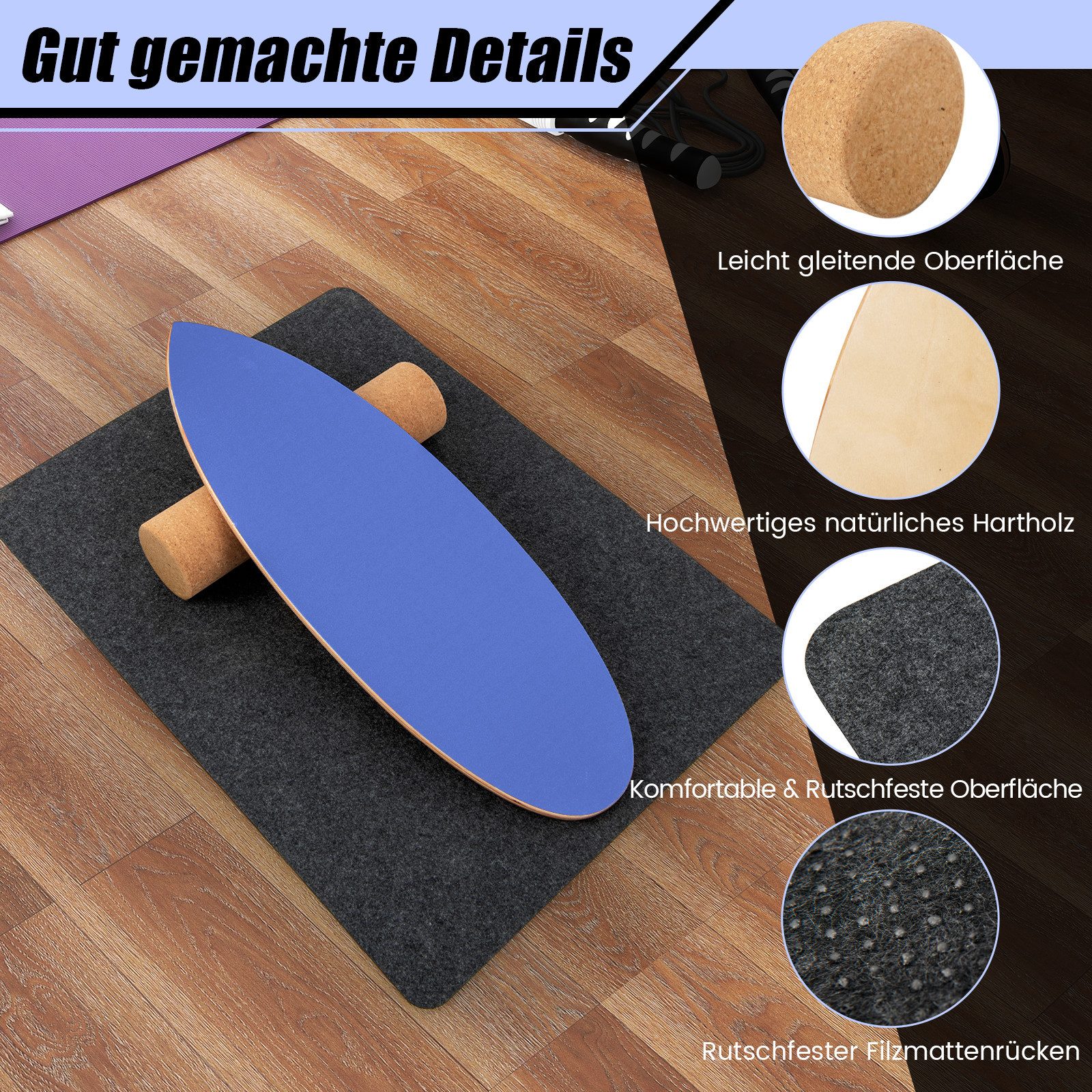 COSTWAY Balanceboard, aus Holz, für zuhause, inkl. Korkrolle, bis 227kg