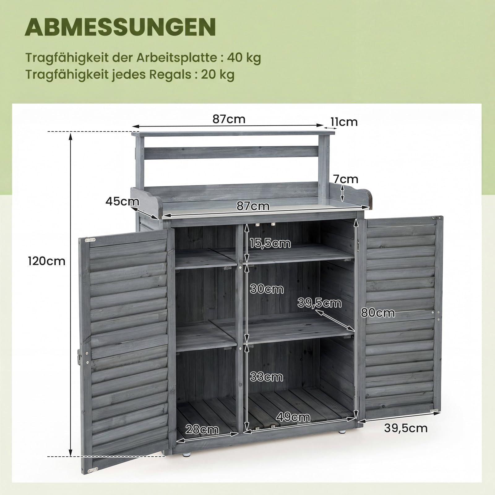 COSTWAY Pflanztisch, mit Unterschrank & abnehmbaren Regalen, 87 x 45 x 120cm