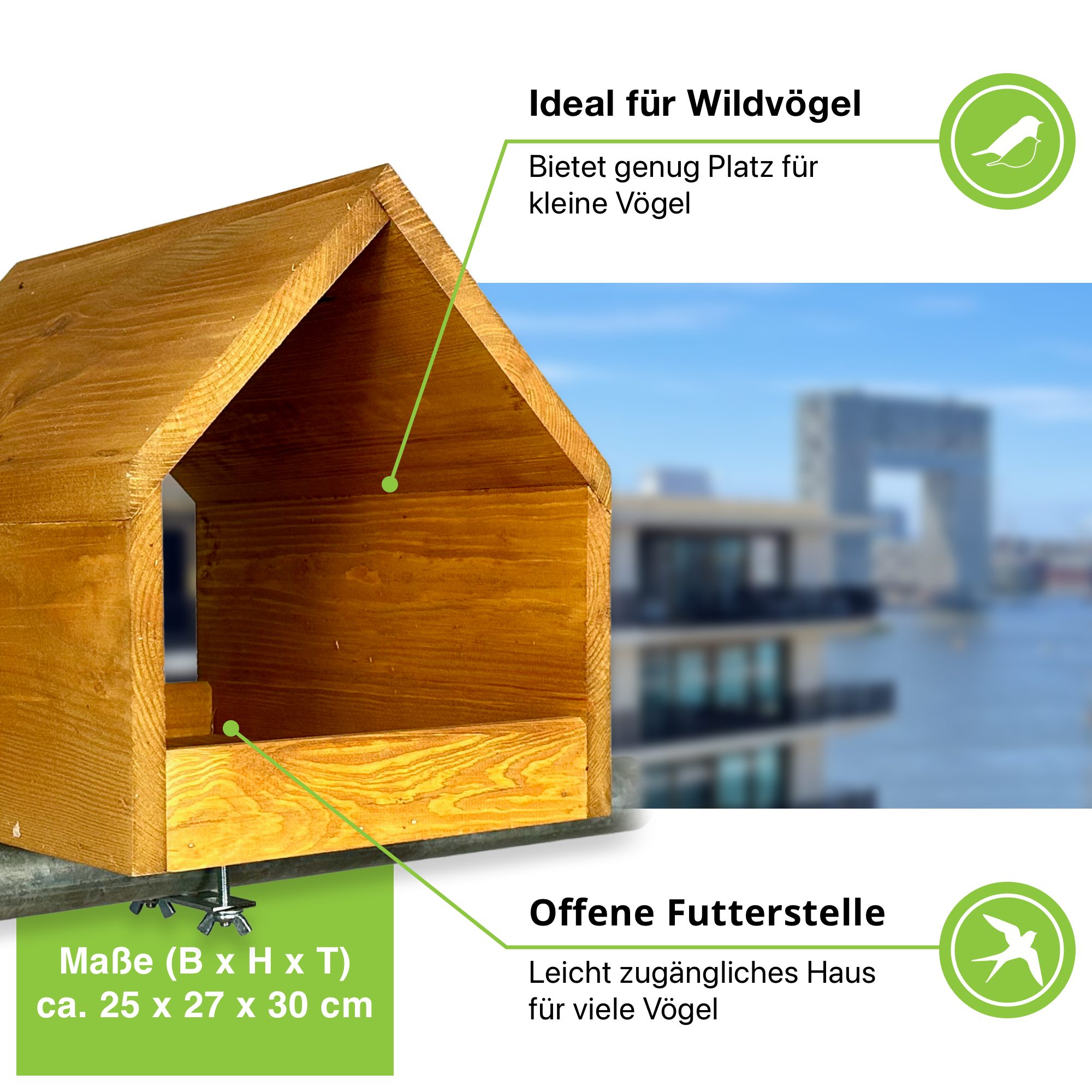 gartenetage Vogelhaus Balkon-Vogelfutterhaus aus massivem Kiefernholz mit Balkonhalterung, wetterfestes Futterhaus für Wildvögel, Meisen & Rotkehlchen