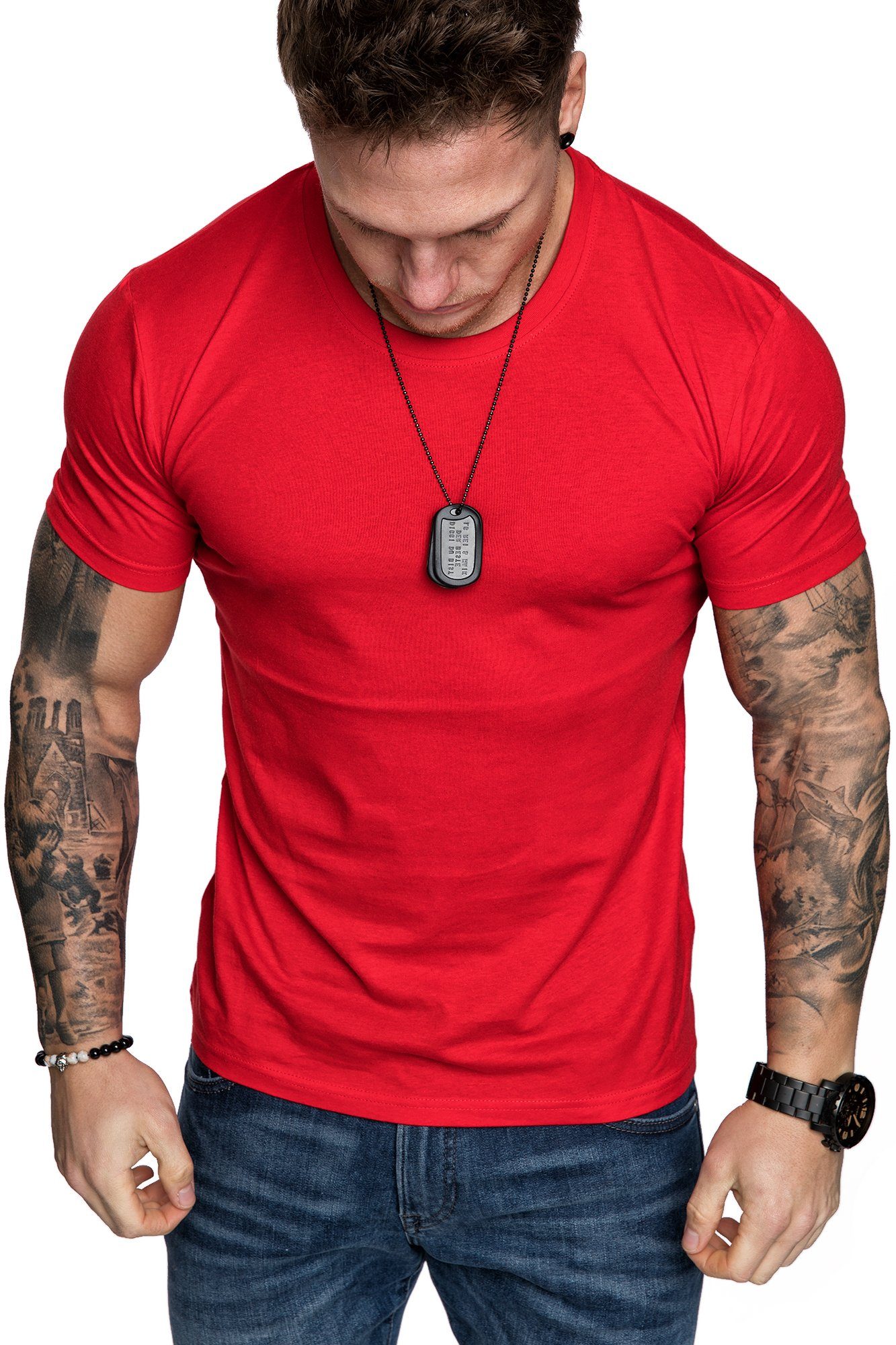 T-Shirt mit Rot T-Shirt Amaci&Sons Crew Basic Rundhalsausschnitt Einfarbig LANCASTER Vintage Herren Basic Rundhalsausschnitt Shirt Neck
