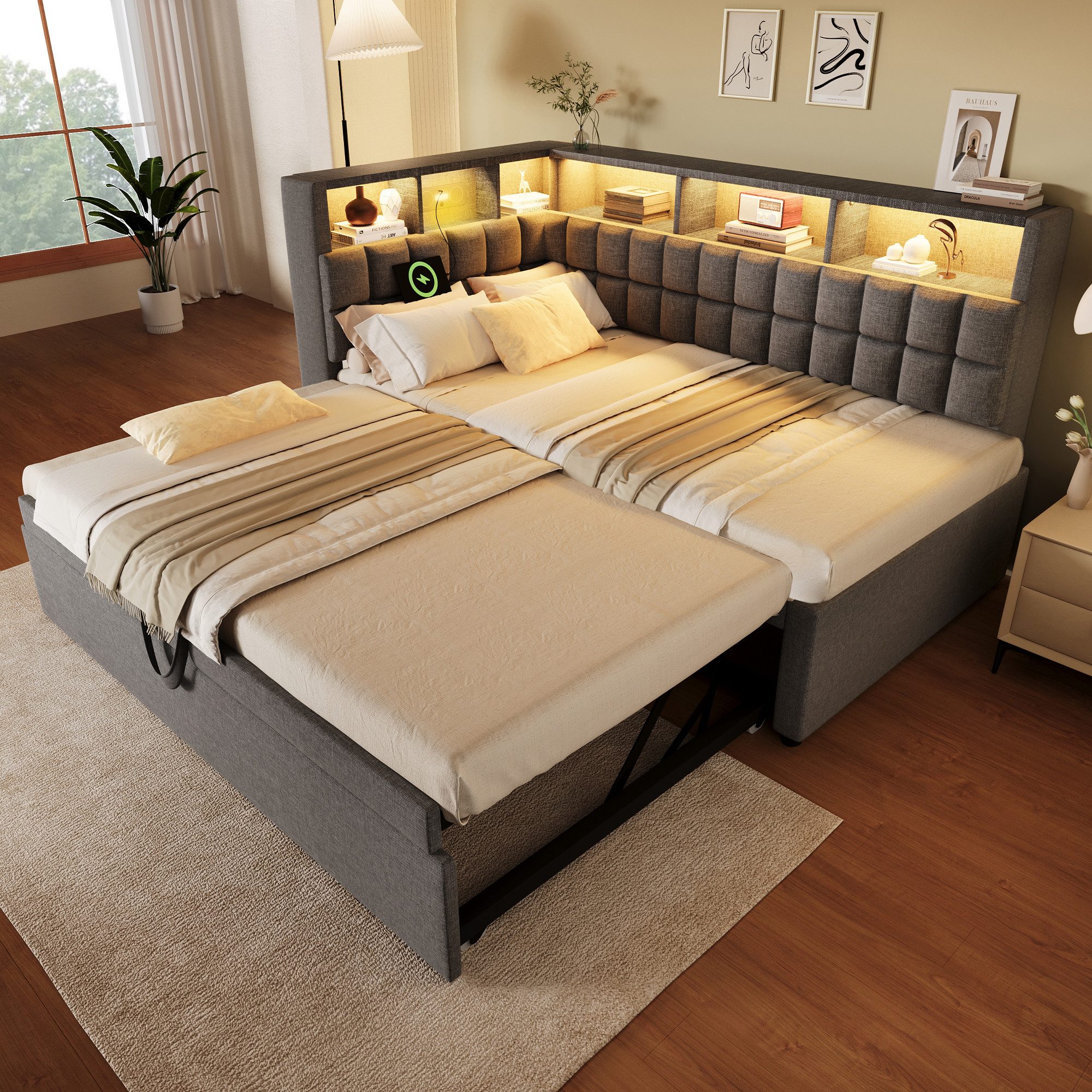 MODFU Polsterbett Inkl. LED, Bluetooth & USB-C, Maße 90x200 cm (Funktionsbett, 1-tlg., Mit L-Kopfteil als komfortable Schlaf- und Ruhelösung), Platzsparendes Ausziehbett mit Stauraum(ohne Matratze)