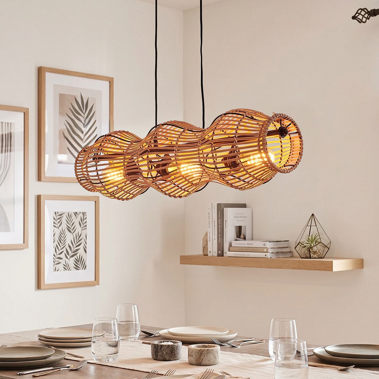 hofstein Pendelleuchte Hängelampe aus Metall/Bambus in Schwarz/Naturfarben, ohne Leuchtmittel, moderne Hängeleuchte im Retro/Vintage/Boho-Design, max. 170 cm, 4xE27