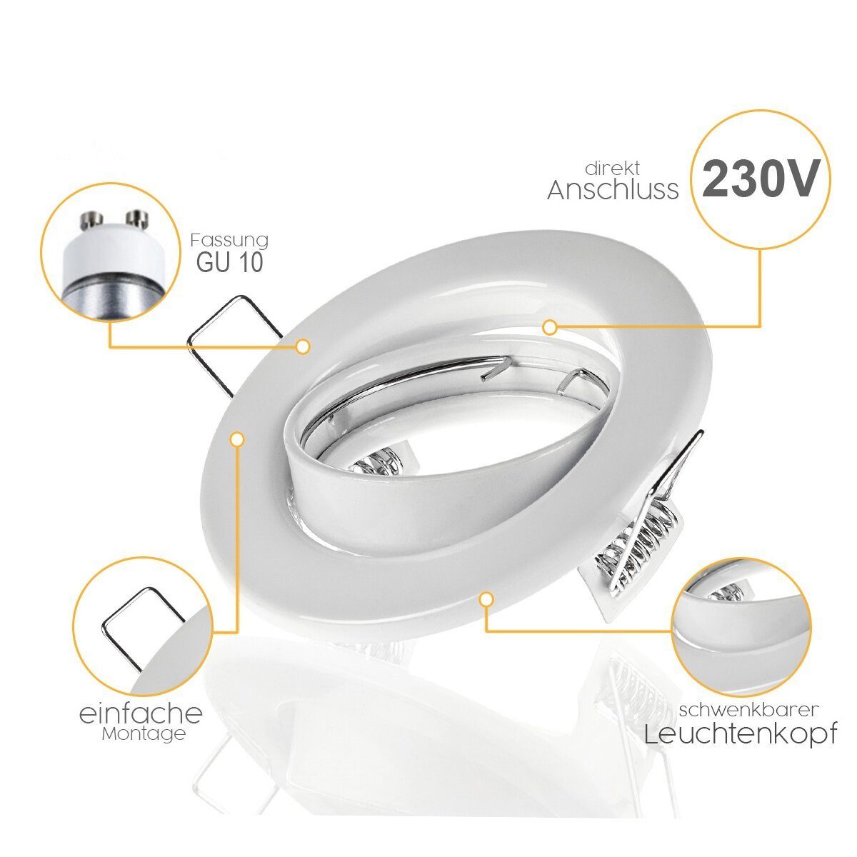Sweet LED LED Einbaustrahler 10er Set GU10 schwenkbar Aluminium Einbaustrahler weiß matt 230V, schwenkbar, ohne Leuchtmittel, Einbauspots, Deckenlampe, Einbaurahmen