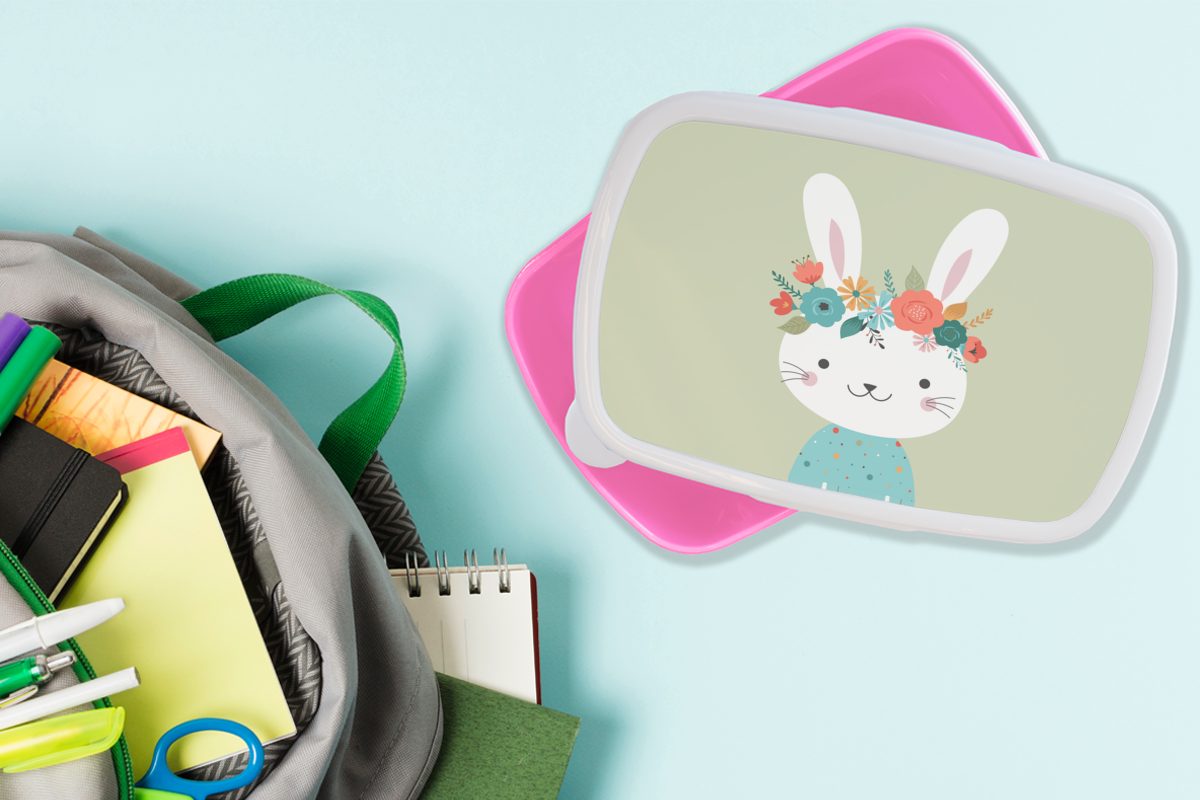 Lunchbox Erwachsene, - Kaninchen Snackbox, (2-tlg), MuchoWow Brotbox rosa Mädchen, - Kinder, Blumen, für Brotdose Sommer Kunststoff, Kunststoff