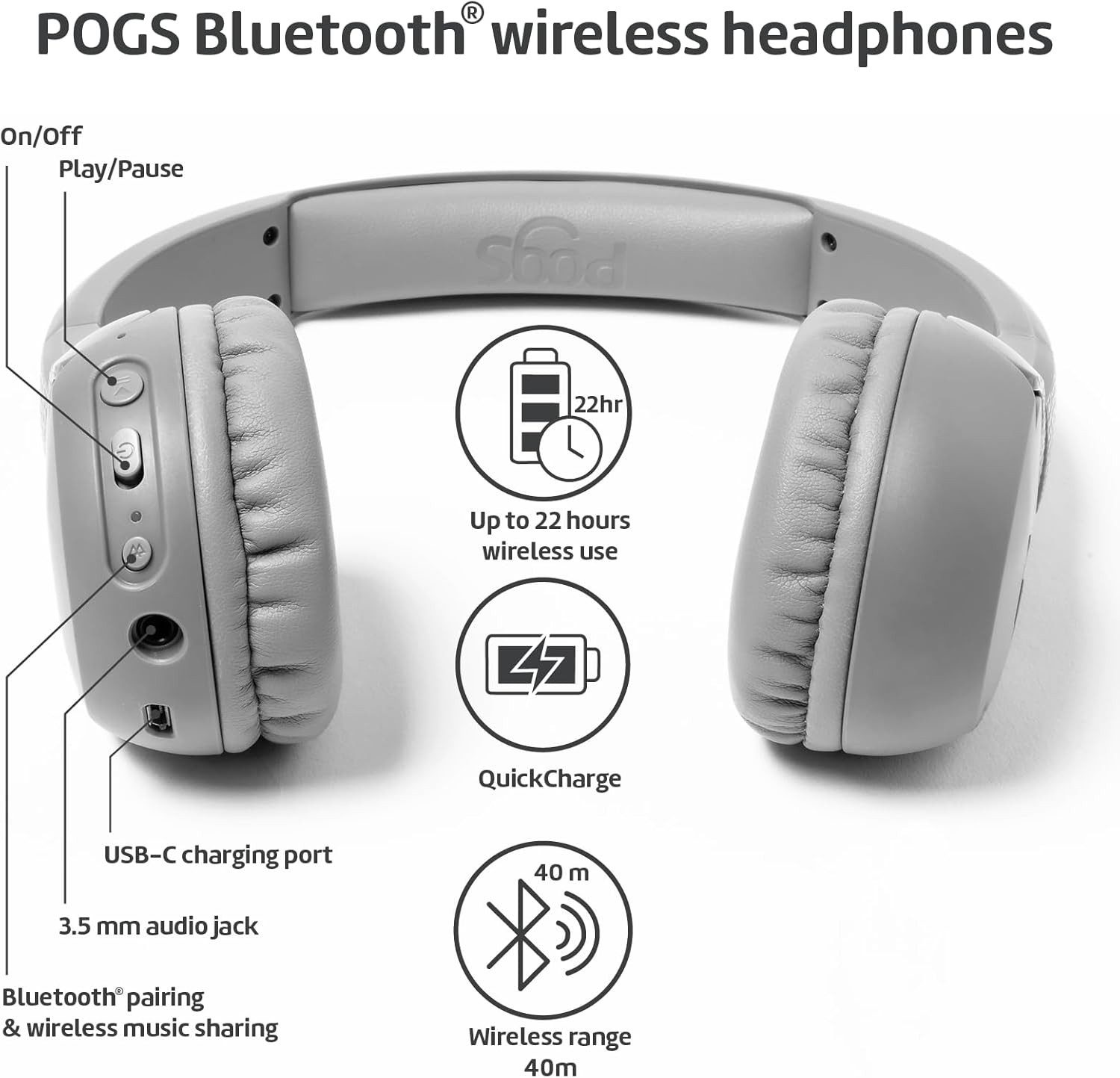 POGS Drahtloser Bluetooth Kinderkopfhörer, The Gecko 2, Faltbar & robust Kinder-Kopfhörer (Lautstärkebegrenzung 70-85db, Bluetooth, 32 mm Neodym-Treiber)