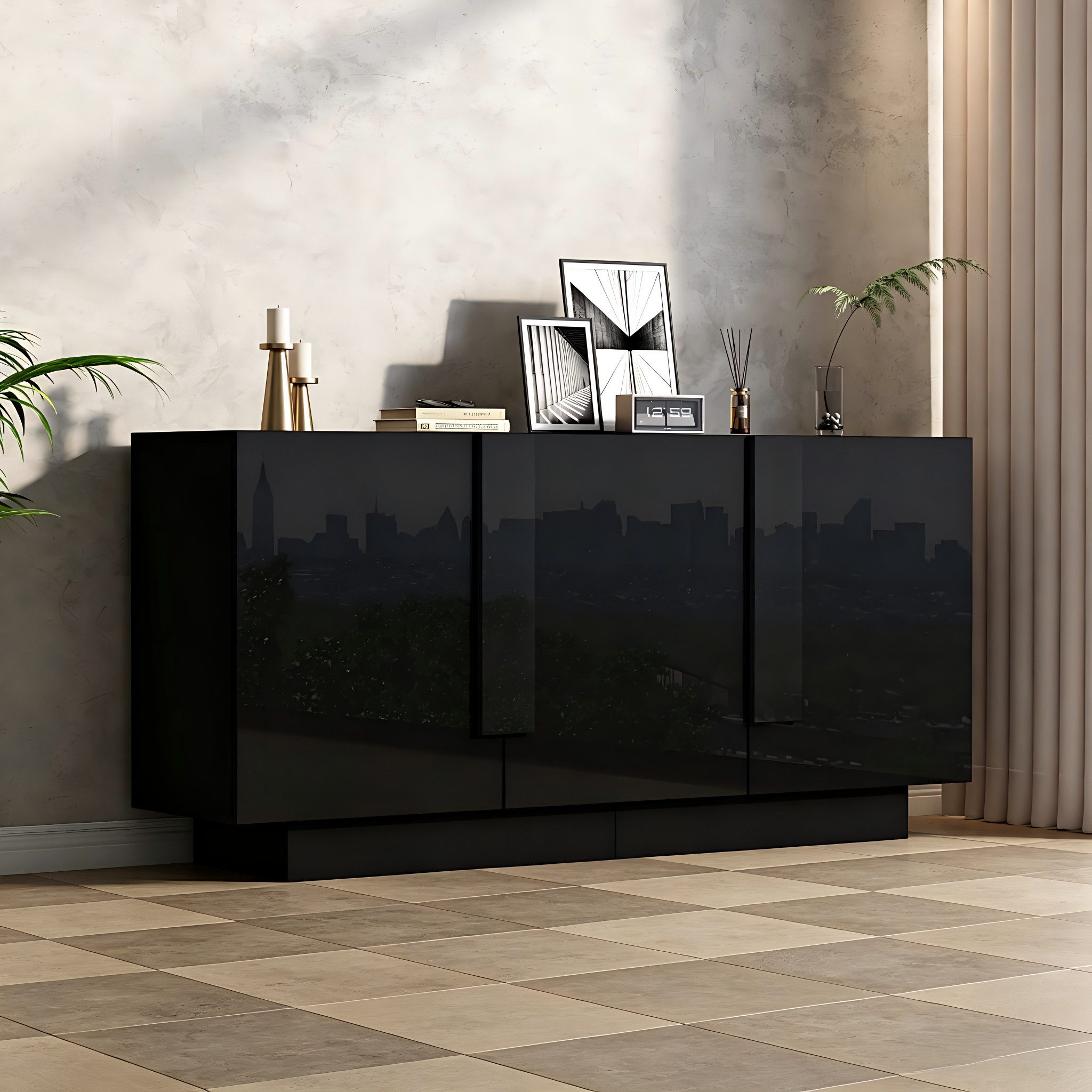 Merax Sideboard Hochglanz Kommode (35 x 160 x 60 cm, 1 St), Wohnzimmerschrank mit 3 Türen, 6 Fächern & großem Stauraum