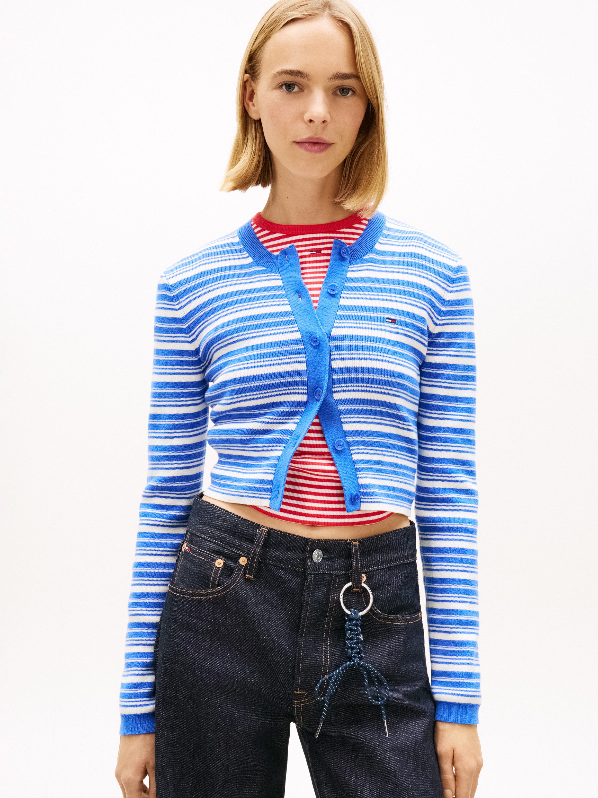 Tommy Jeans Strickjacke TJW CREW NECK STRIPE CARDI EXT reine Baumwolle, Streifen Look