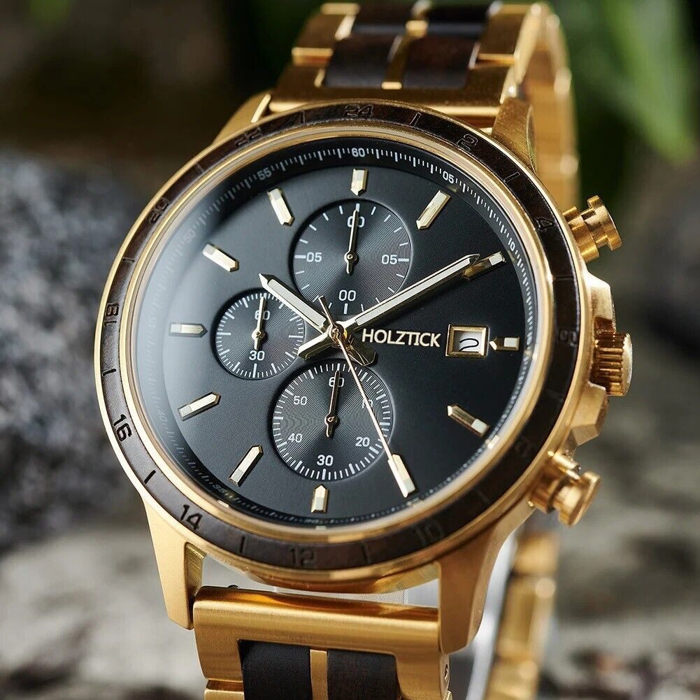 Holztick Bavaria Chronograph Ikarus IKARUS, besonders edle Männeruhr aus Ebenholz und Edelstahl in Goldoptik
