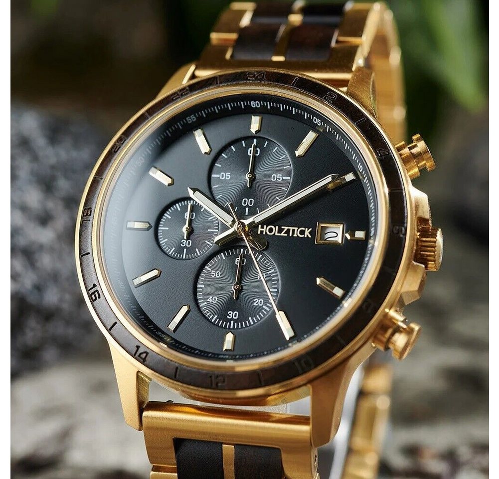 Holztick Bavaria Chronograph Ikarus IKARUS, schöne Männeruhr aus edlem Holz und Edelstahl in Goldoptik