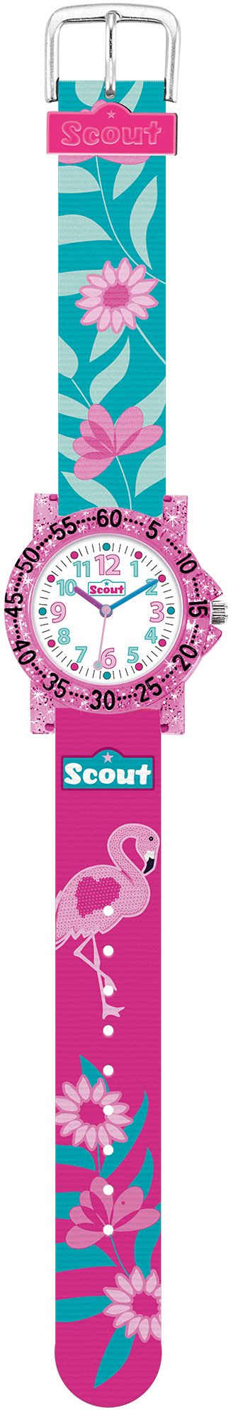 Scout Quarzuhr The IT-Collection, 280375019, Lernuhr, Flamingo-Blumenmotiv, Glitzer, ideal auch als Geschenk