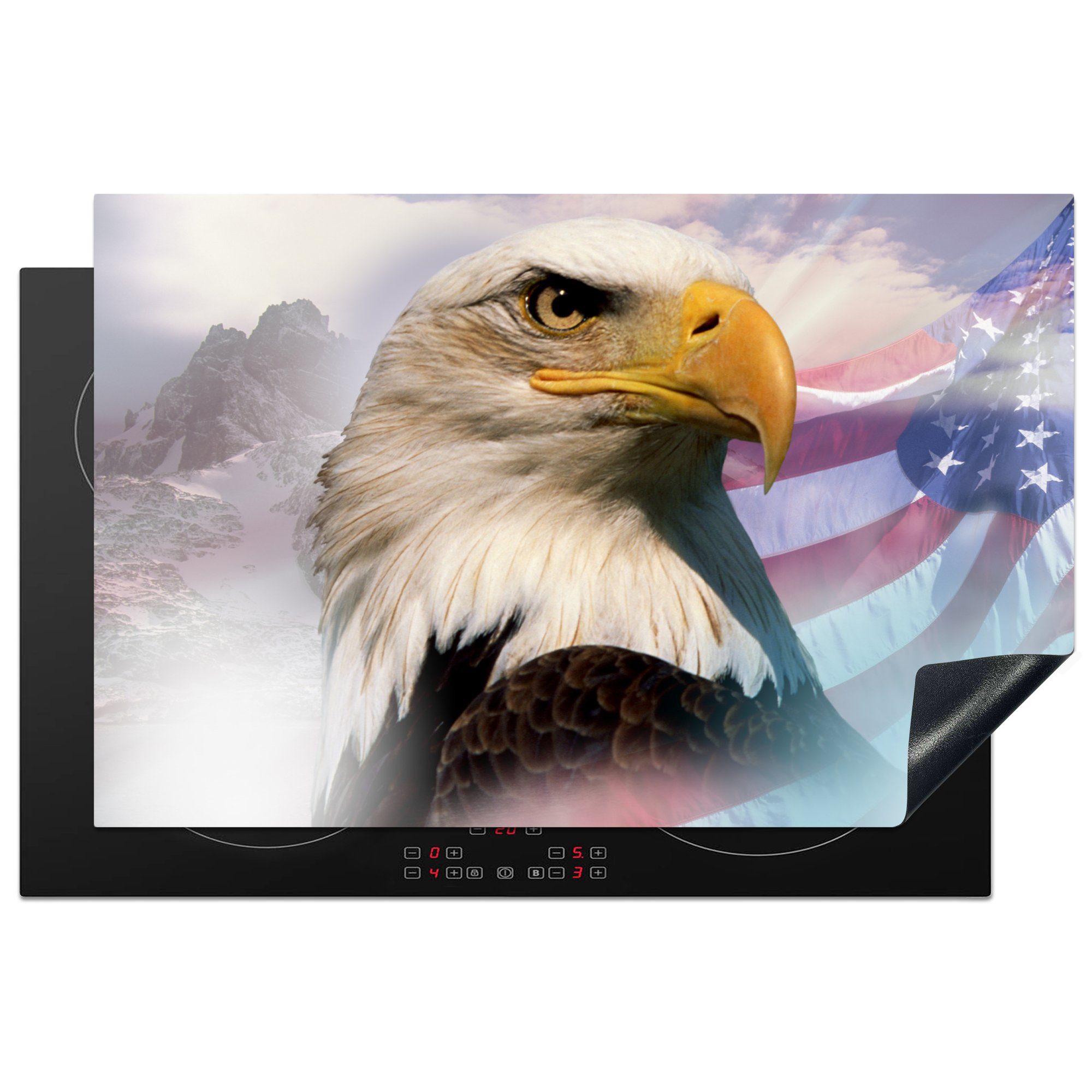 MuchoWow Herdblende-/Abdeckplatte Ein amerikanischer Weißkopfseeadler mit einer amerikanischen Flagge, Vinyl, (1 tlg), 81x52 cm, Induktionskochfeld Schutz für die küche, Ceranfeldabdeckung