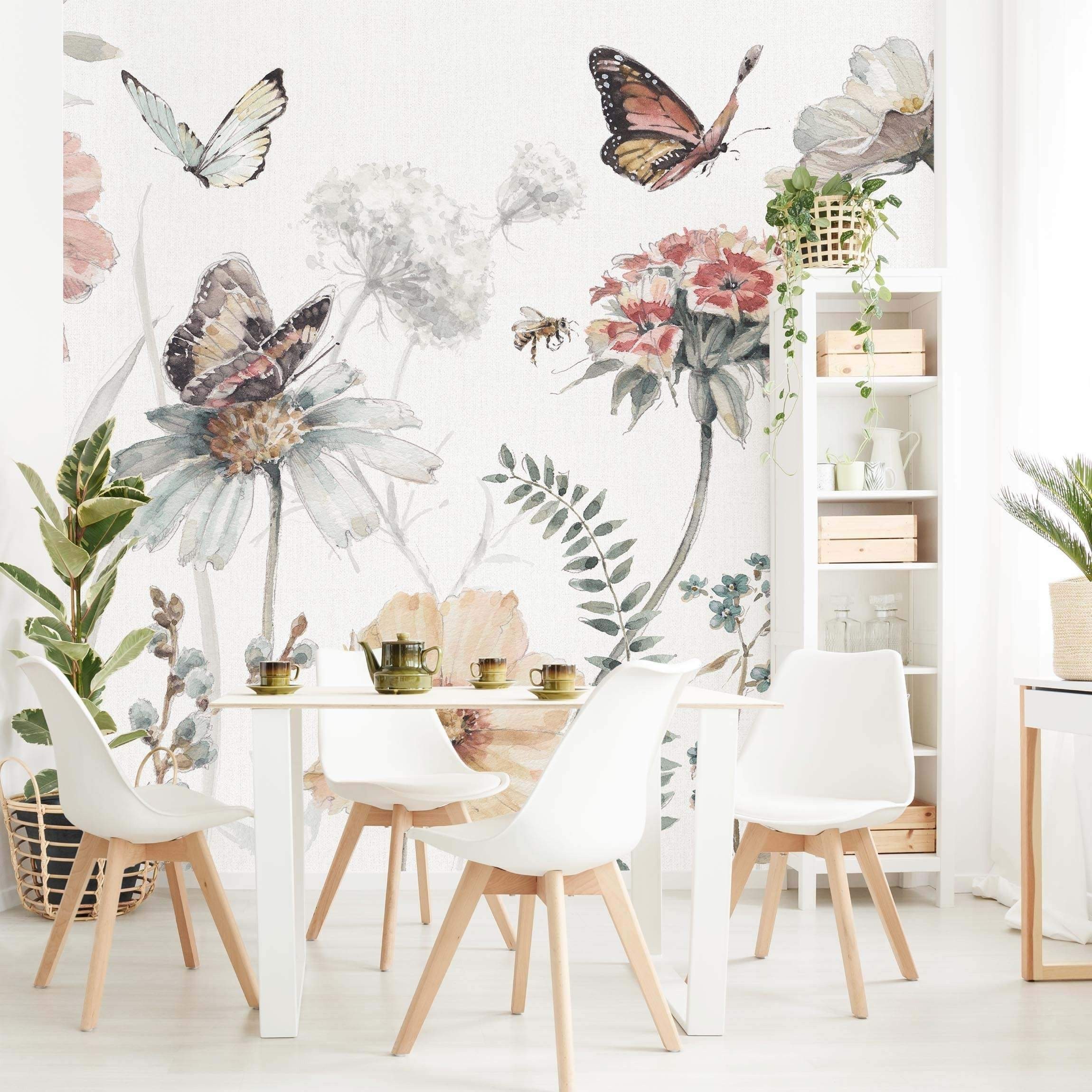 Bilderdepot24 Fototapete Blumenwiese Schmetterling Aquarell Floral Kunst Tiere rosa modern, Glatt, Matt, (Vliestapete inkl. Kleister oder selbstklebend), Wohnzimmer Schlafzimmer Küche Flur Motivtapete Vliestapete Wandtapete
